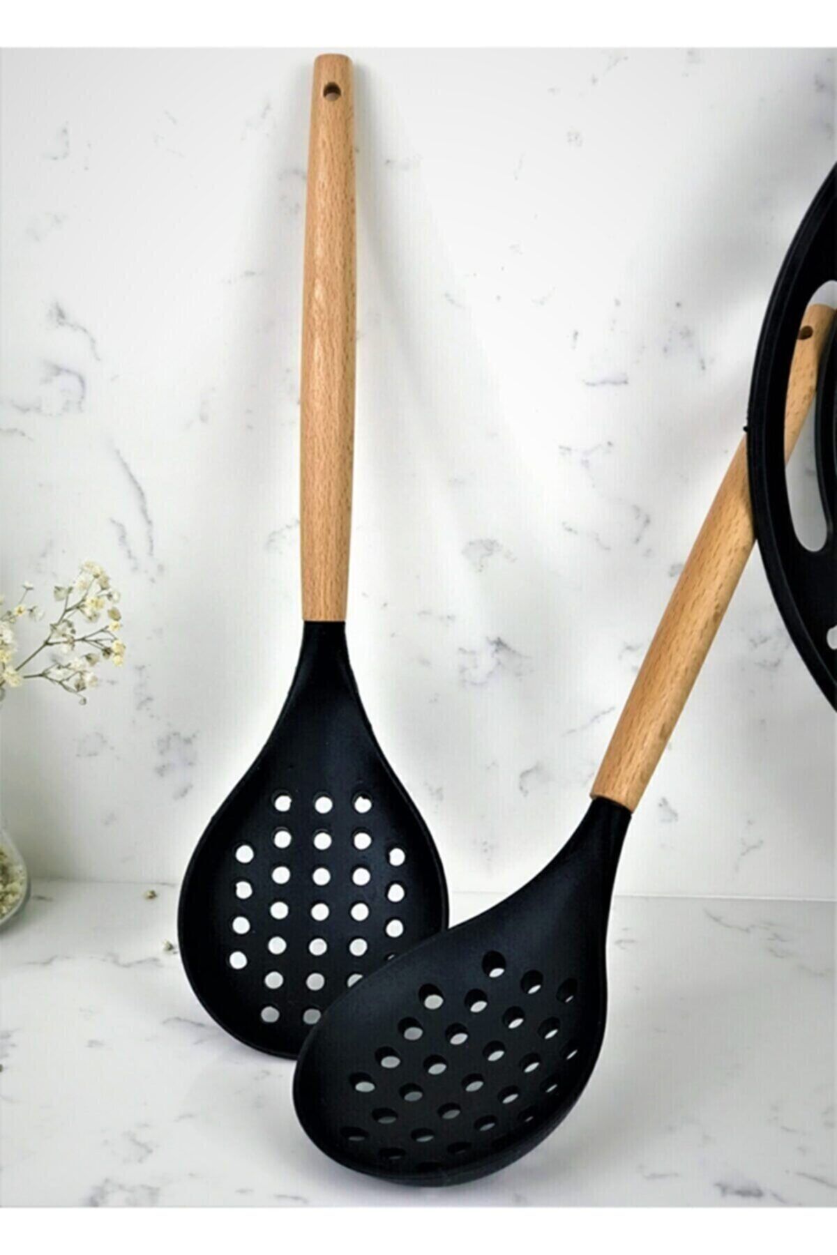 Senin Dükkanın 7 Piece Bamboo Handle Silicone Ladle Spatula Kitchen Set Black 4