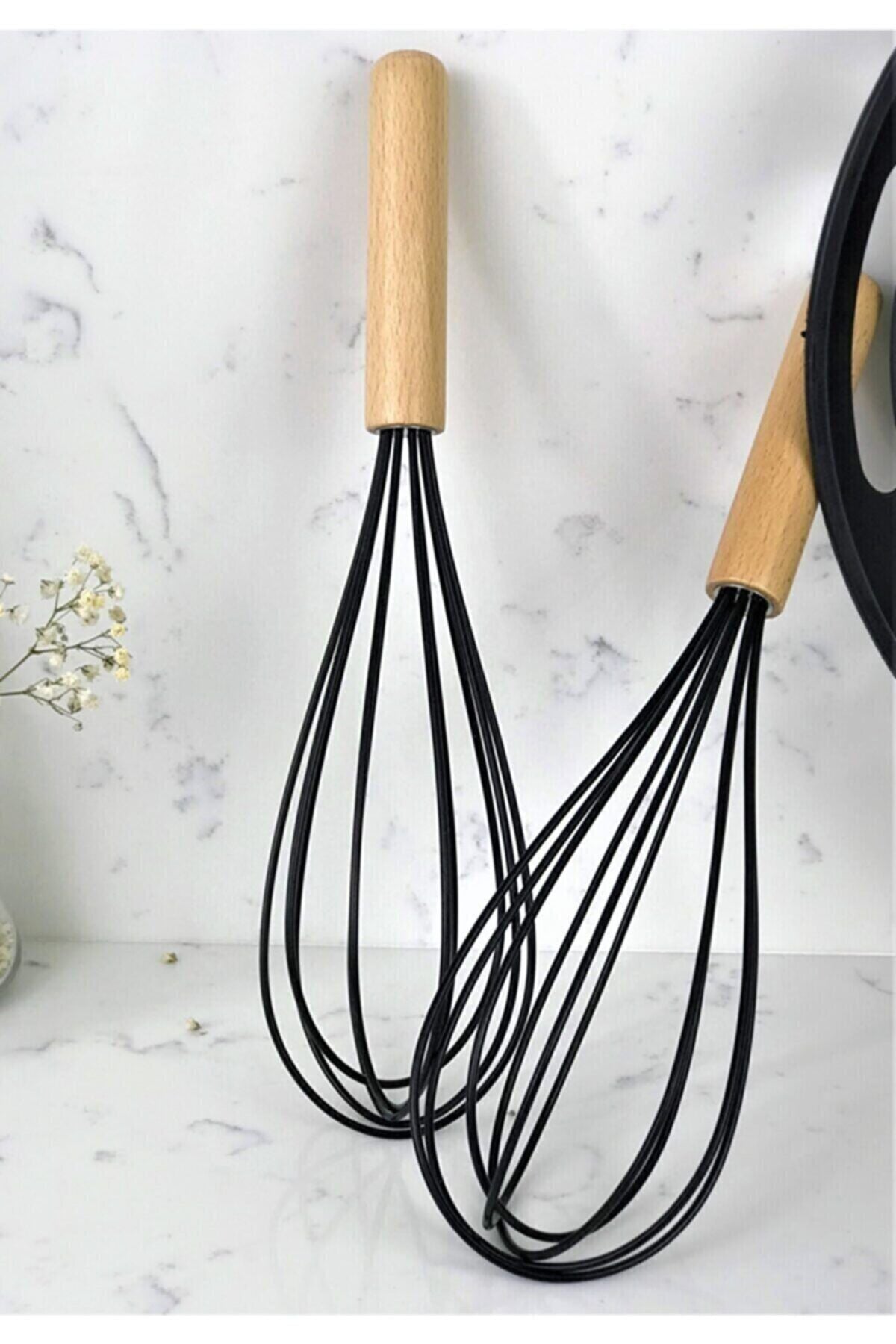 Senin Dükkanın 7 Piece Bamboo Handle Silicone Ladle Spatula Kitchen Set Black 7