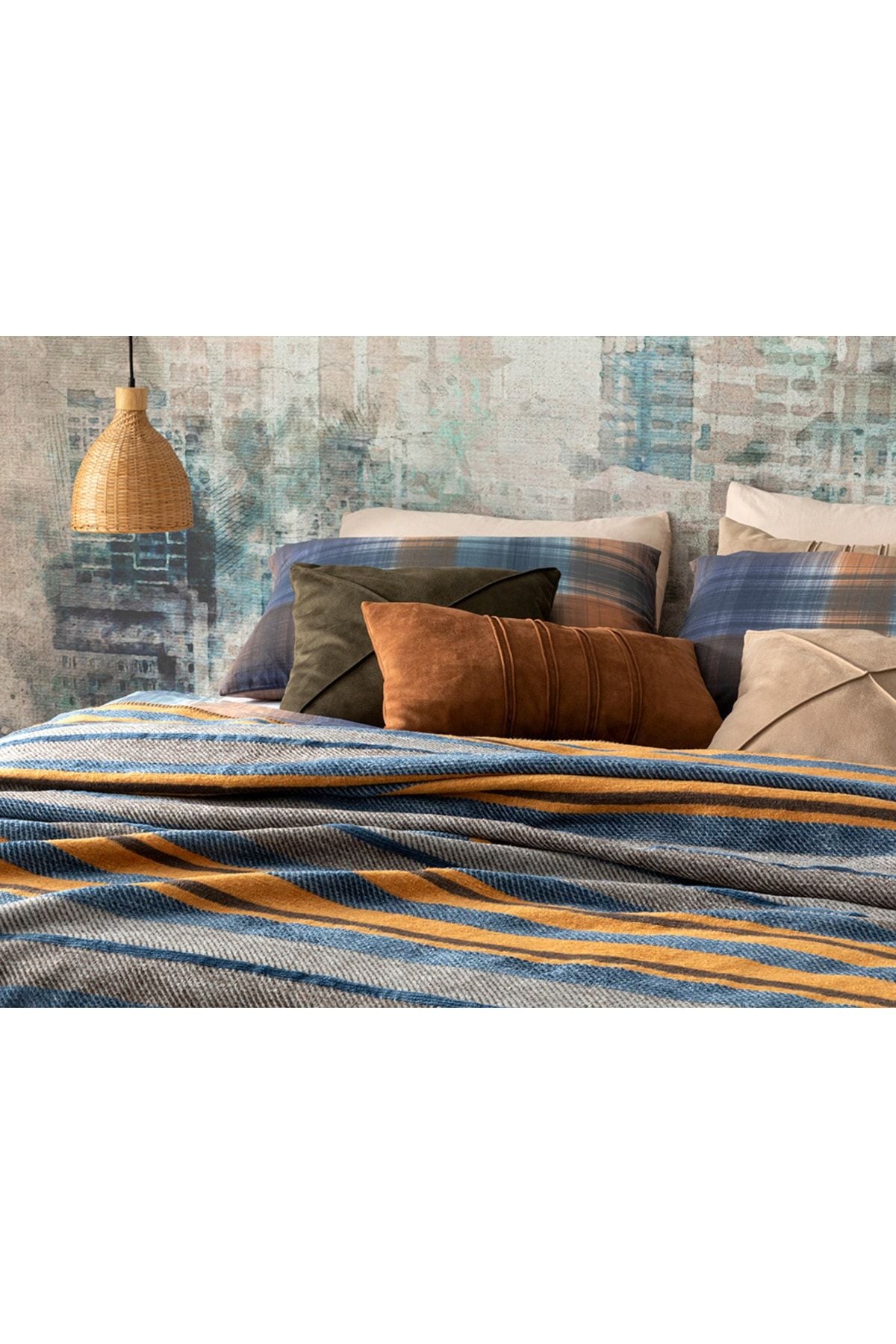 English Home Bold Stripe Cotton Double Blanket 200x220 Cm Mustard - Blue 2