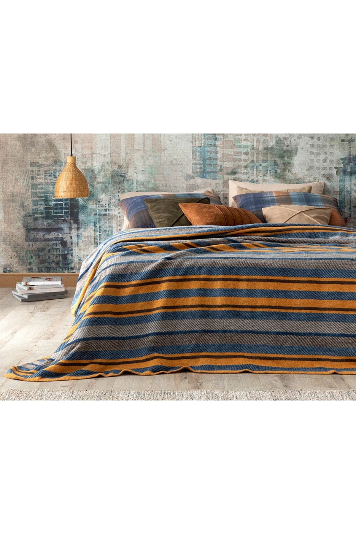 English Home Bold Stripe Cotton Single Blanket 150x200 Cm Mustard - Blue 1