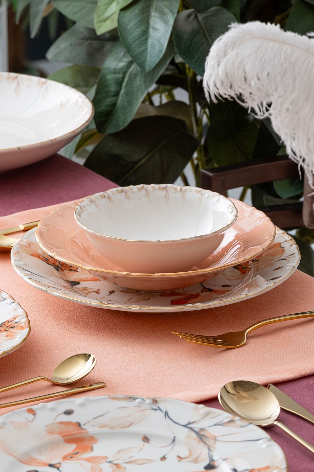 ACAR Mari Gold Pink Floral 6-Person 29-Piece Porcelain Dinner Set 12349 3