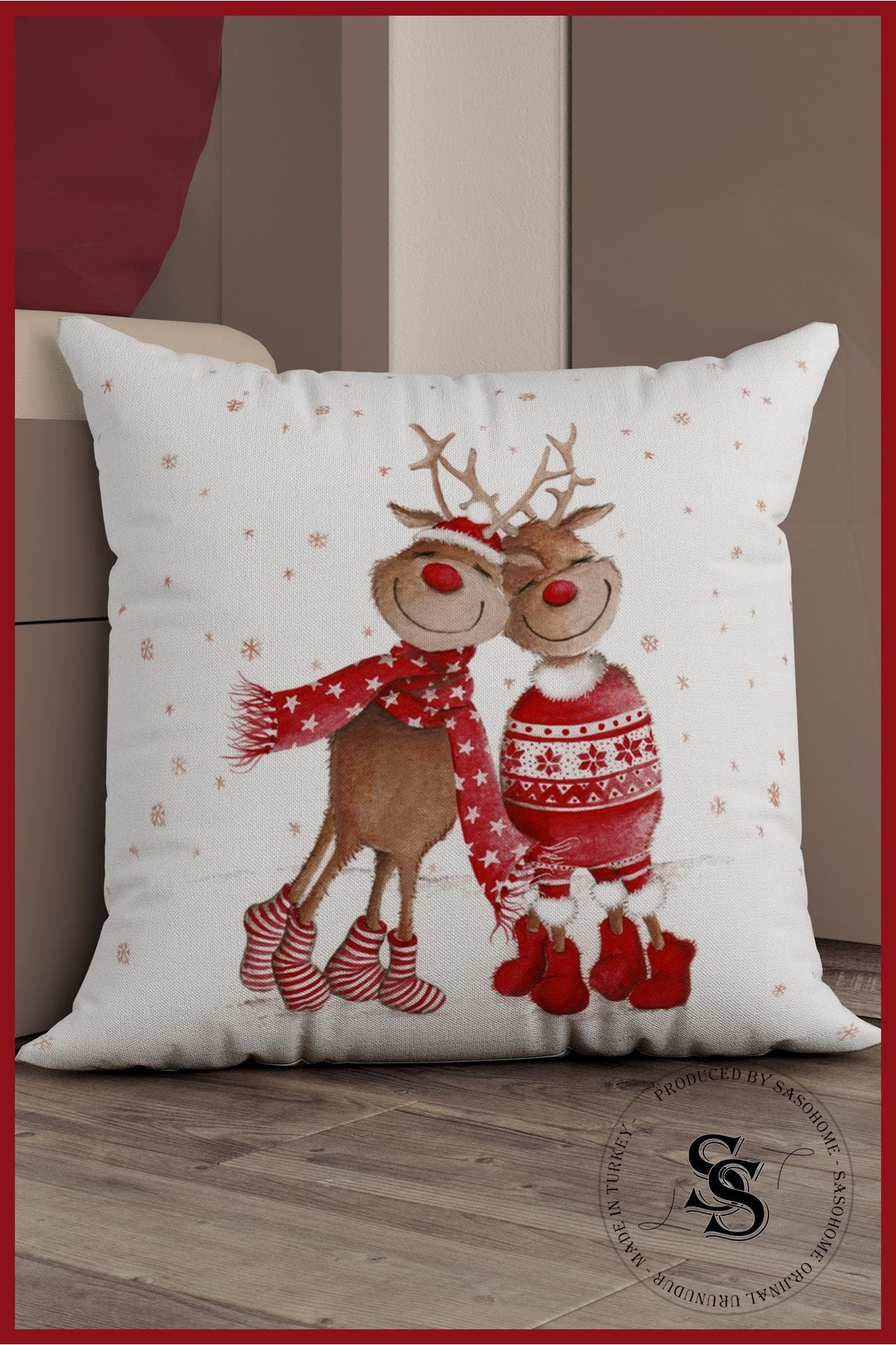 SasoHome Geyikler Aşk Love Winter Deer Series Patterned Digital Printed Cushion Cover 1