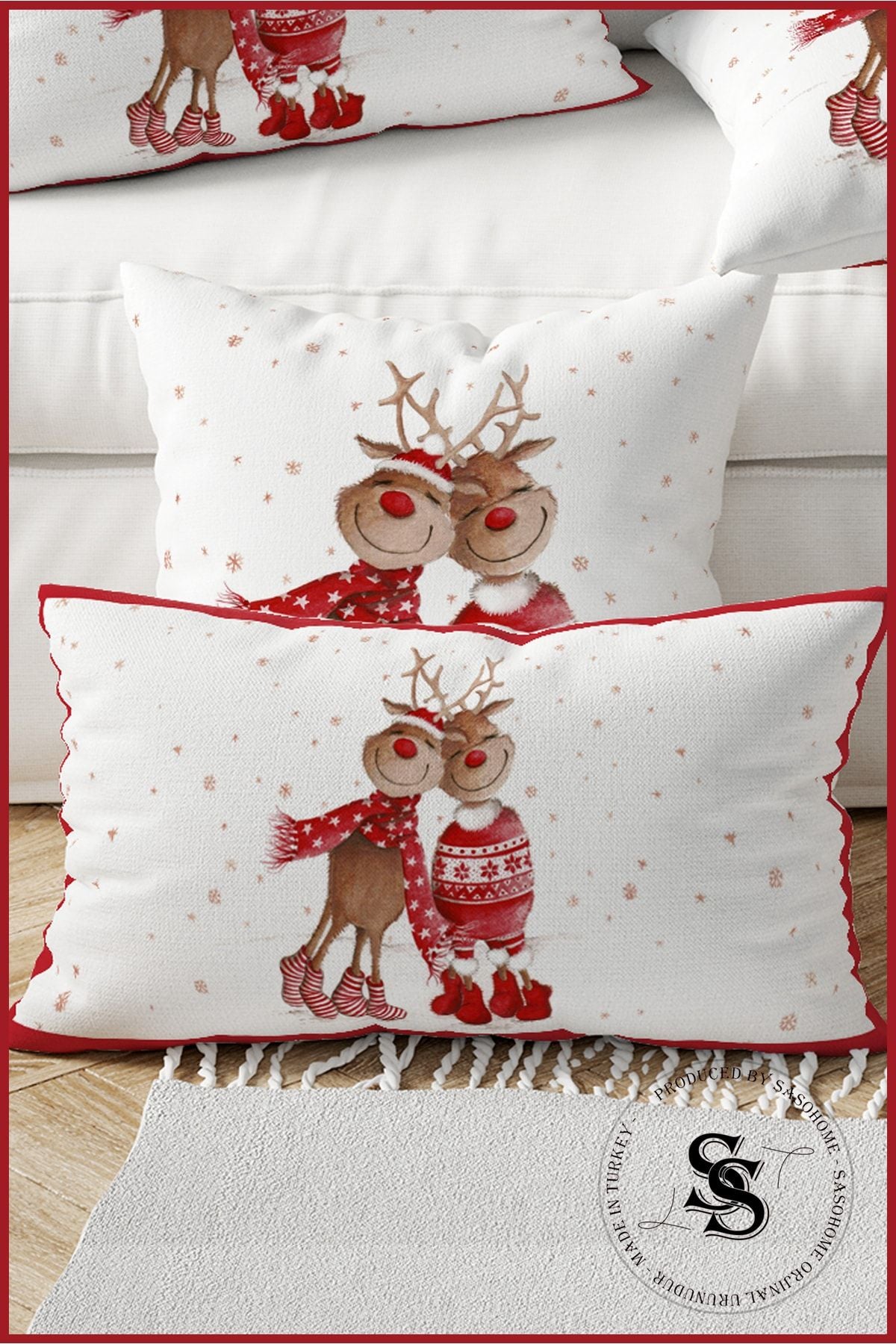 SasoHome Geyikler Aşk Love Winter Deer Series Patterned Digital Printed Cushion Cover 2