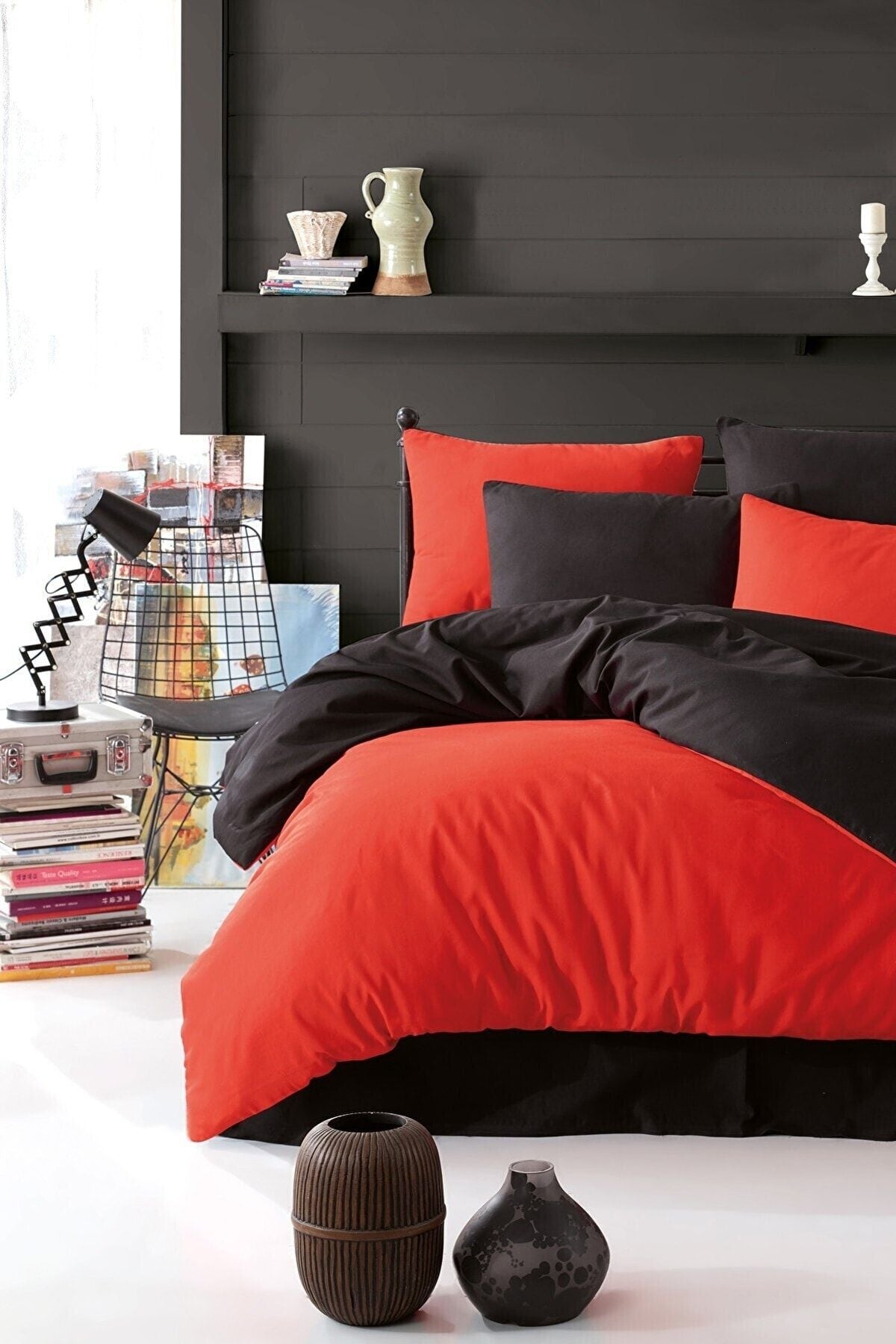 Mulberry Double-Sided Fitted Sheet Duvet Cover Set 200x220 - Black Red 1