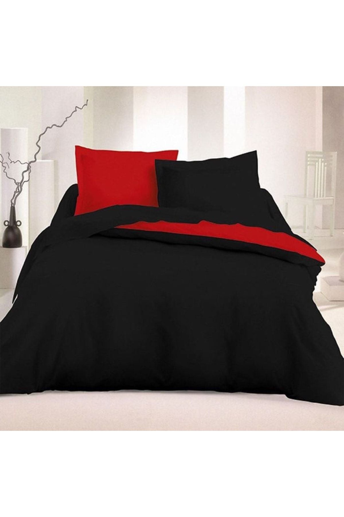 Mulberry Double-Sided Fitted Sheet Duvet Cover Set 200x220 - Black Red 2