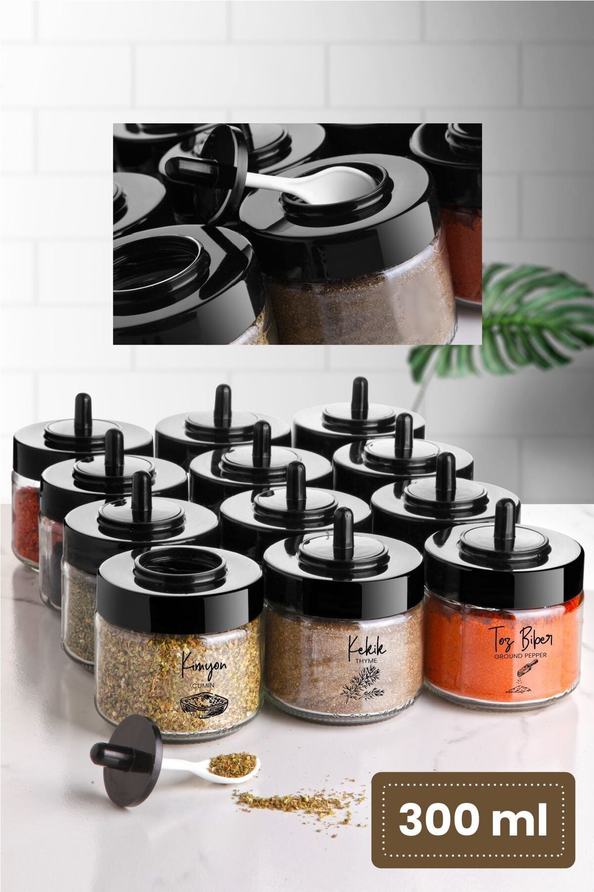 Vienev Black Screen-Printed Labeled 12-Piece Spice Jar Set with Self-Scooping Lids Short 1