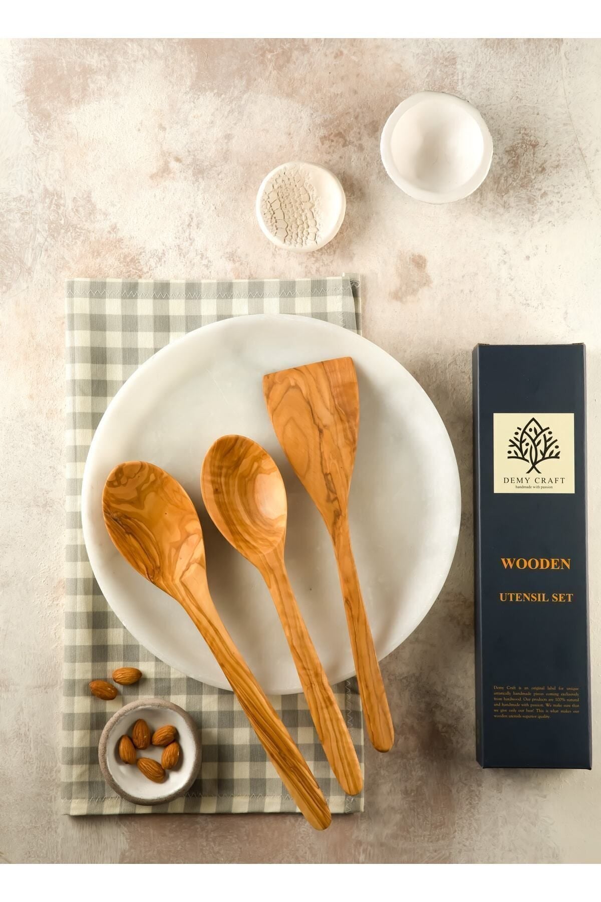 Demy Craft Olive Wood Handmade 3-Piece Wooden Spoon Spatula Set Large Size 5