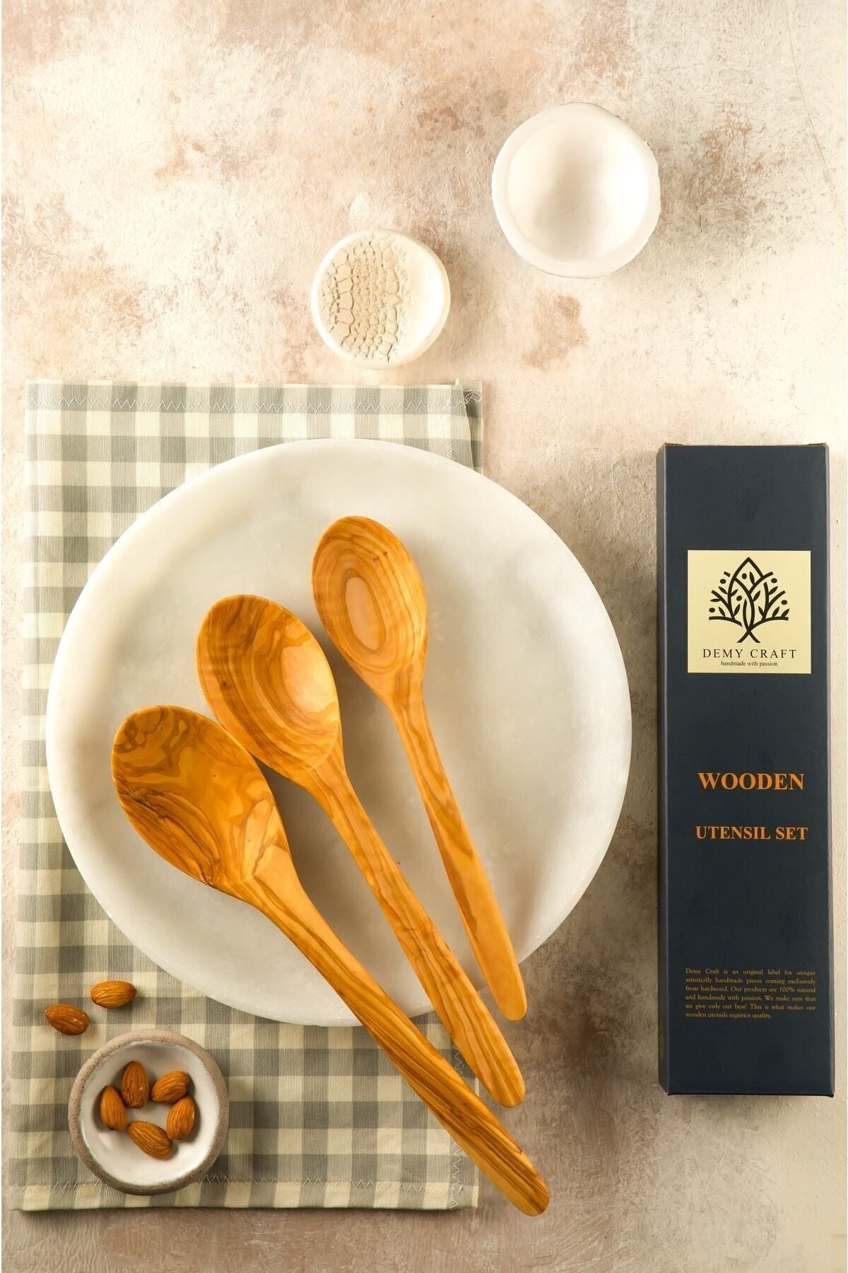 Demy Craft Handmade Olive Wood 3-Piece Large Wooden Spoon Set 1