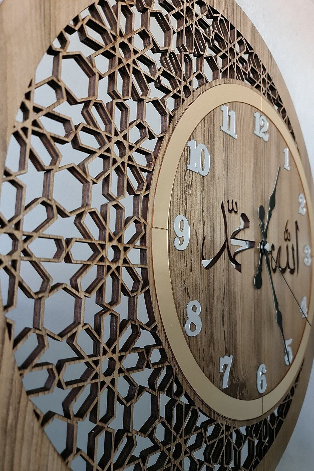 Pey Aksesuar Wooden and Mirrored Allah-Muhammad Motif Wall Clock with Regular Numbers 2