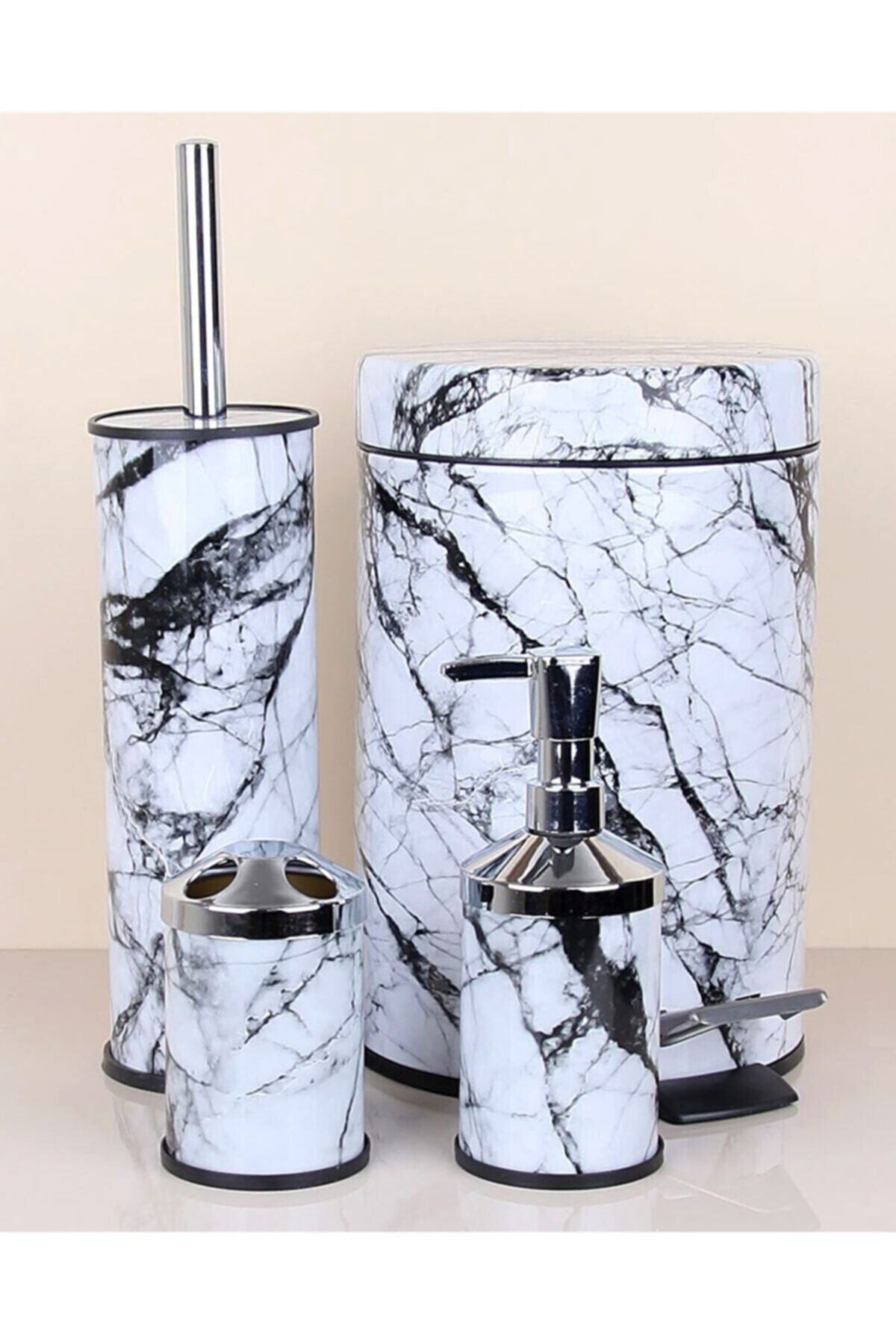 Nevhas 4-Piece Bathroom Set Marble Pattern Pedal Bin, Toilet Brush, Soap Dispenser, Toothbrush Holder 1