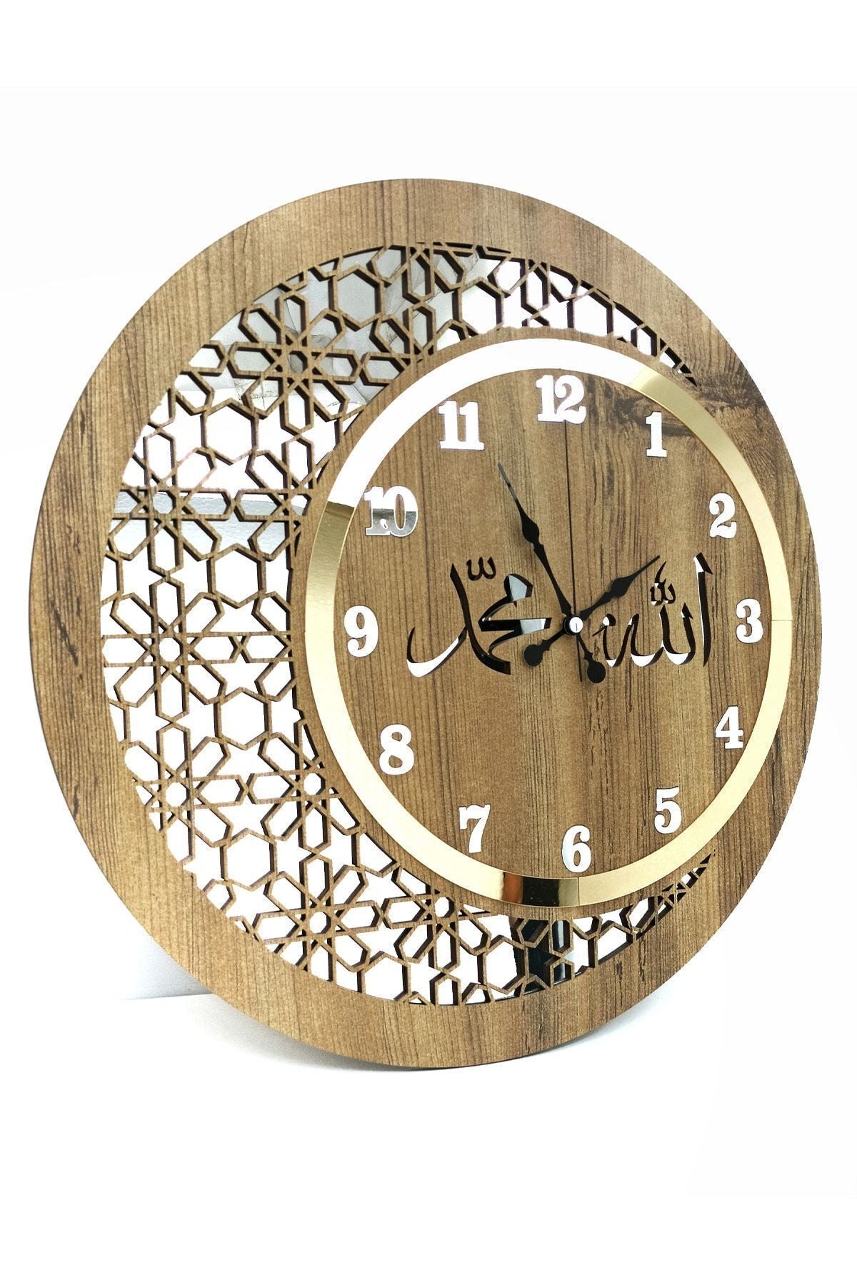 Pey Aksesuar Wooden And Mirrored Allah-Muhammad Motif Wall Clock With Normal Numbers 1