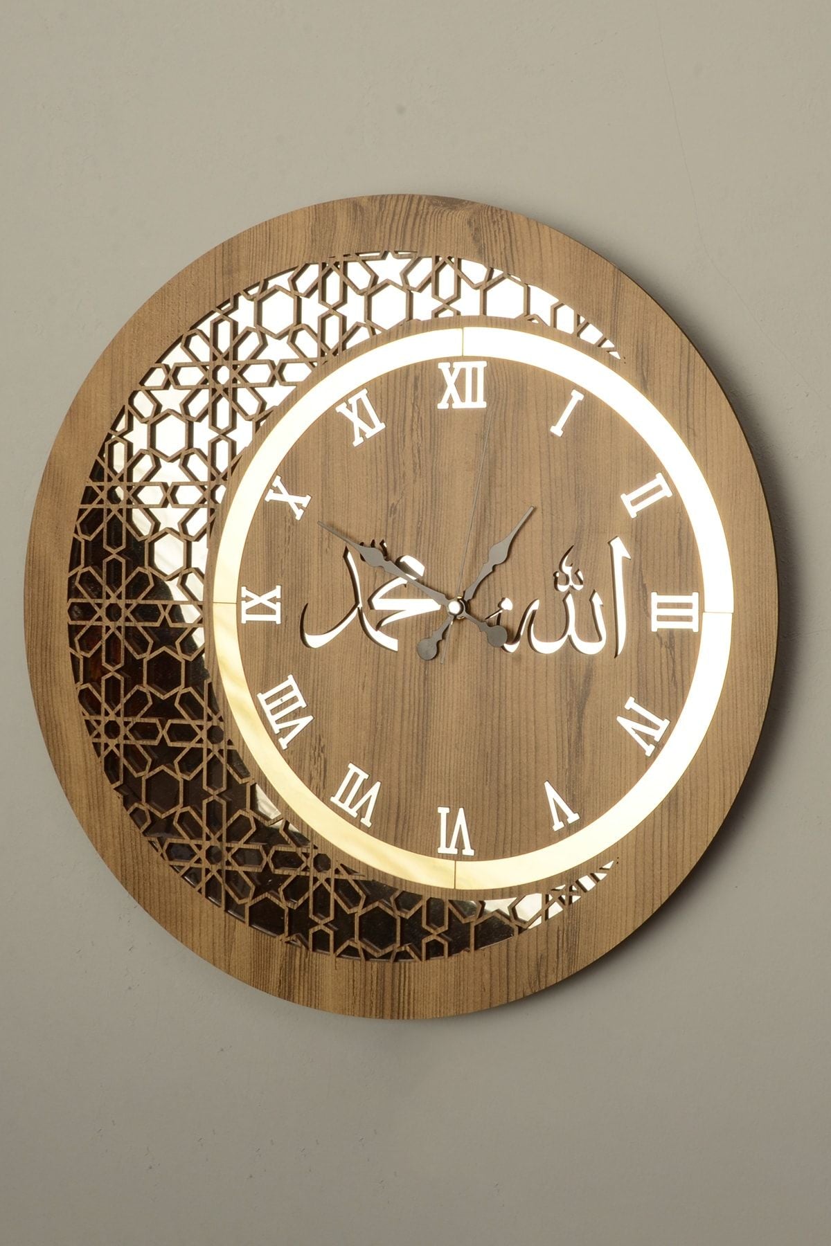 Pey Aksesuar Wooden And Mirrored Allah-Muhammad Motif Wall Clock 3