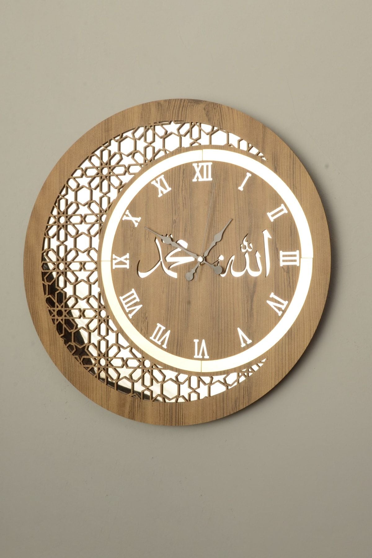 Pey Aksesuar Wooden And Mirrored Allah-Muhammad Motif Wall Clock 4