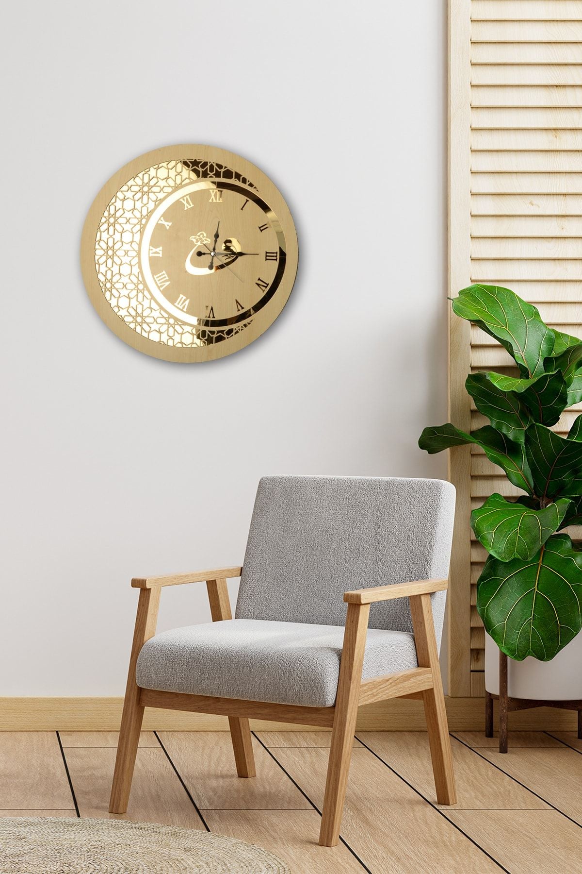 Pey Aksesuar Wooden And Mirrored Vav Motif Wall Clock 2