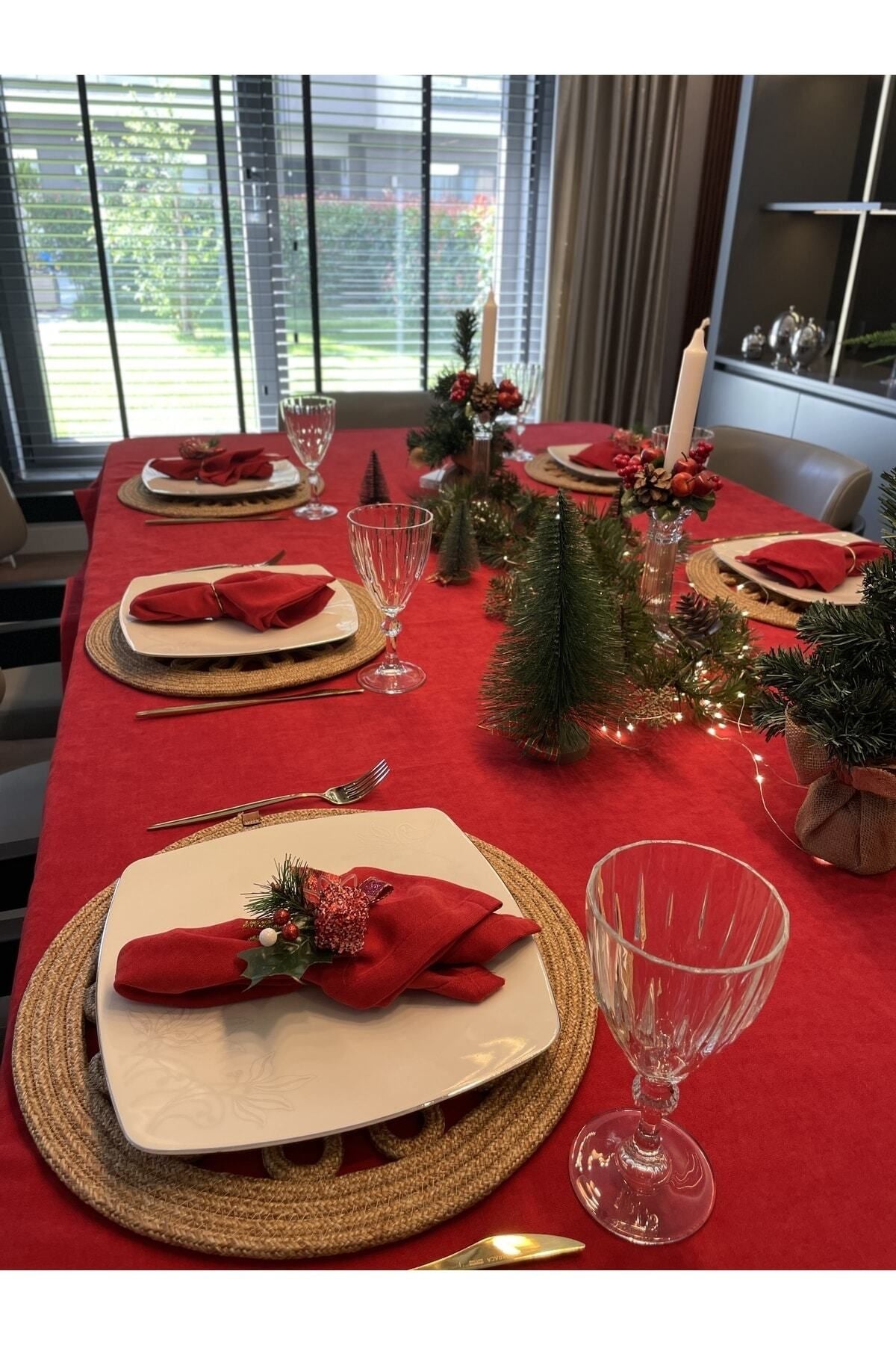 Decamor Home Velvet Textured Red Tablecloth Christmas Table 4