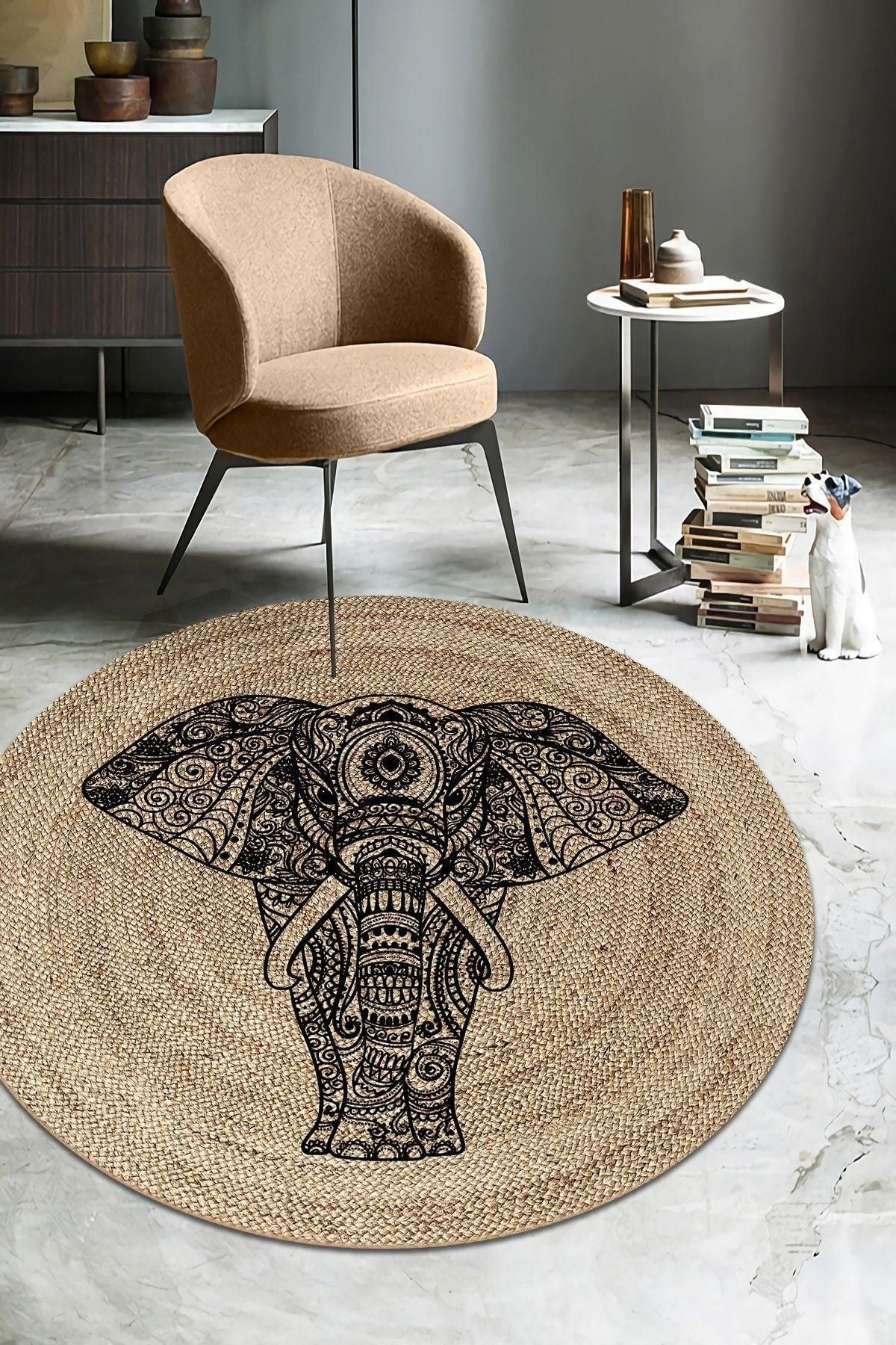 ALAADDIN CARPET Elephant Pattern Digital Print Washable Non-Slip Stain Resistant Round Jute Pattern Carpet 1