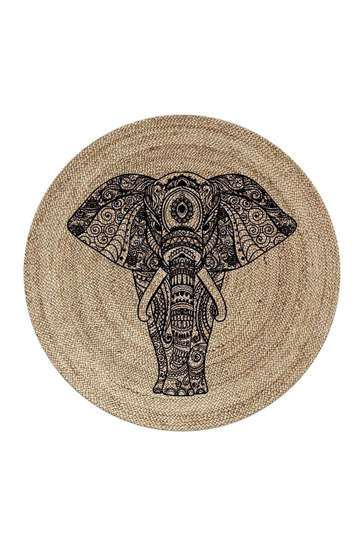 ALAADDIN CARPET Elephant Pattern Digital Print Washable Non-Slip Stain Resistant Round Jute Pattern Carpet 2