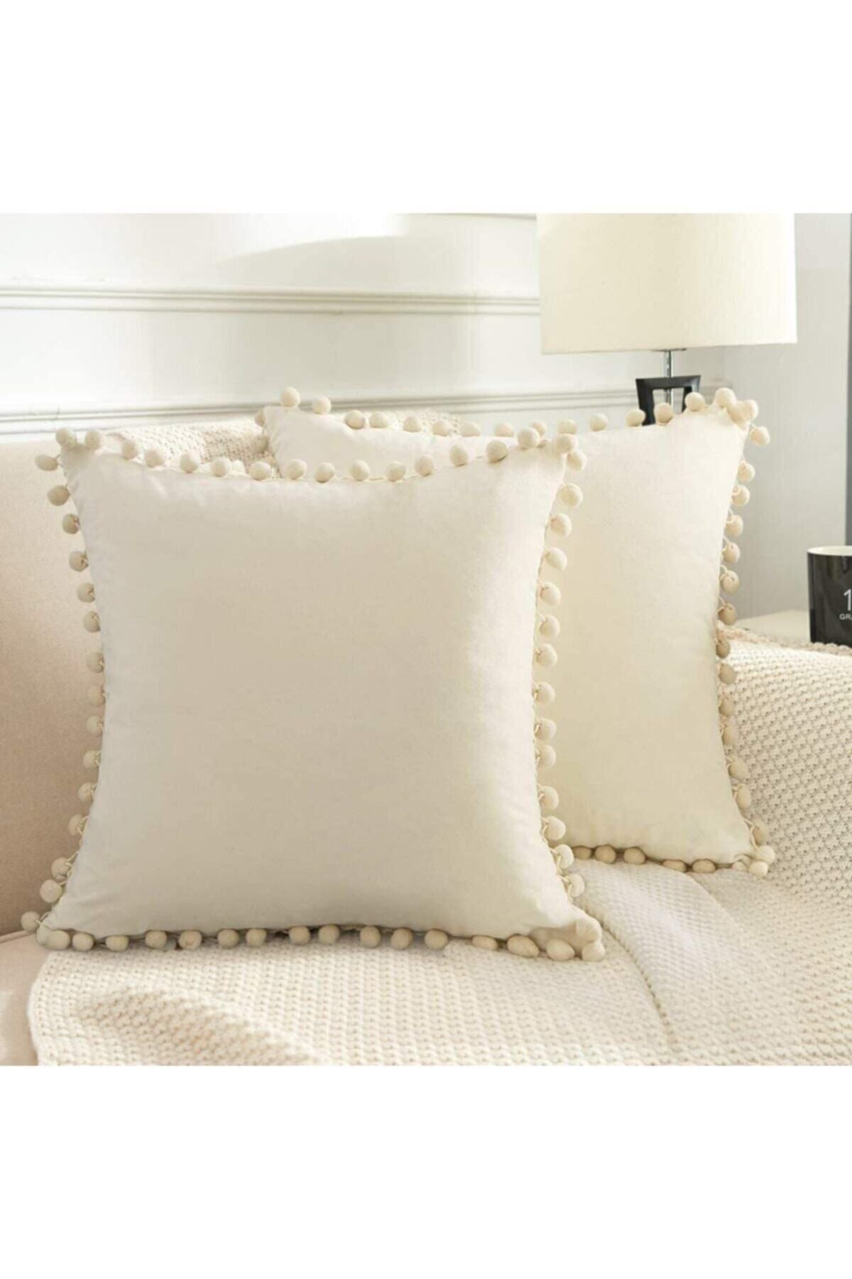 Alkan Homes 2 Pieces Light Cream Colored Pom Pom Decorative Pillow Cover 1