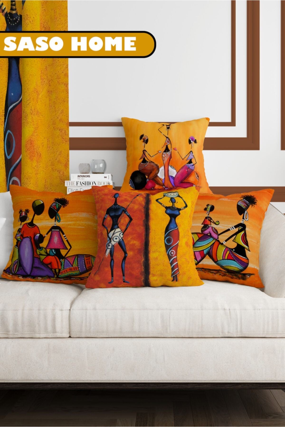 SasoHome Afrika Ethnic Figure Modern Design 4-Piece Decorative Pillow Cover (Ultra Quality Velvet Fabric) 1