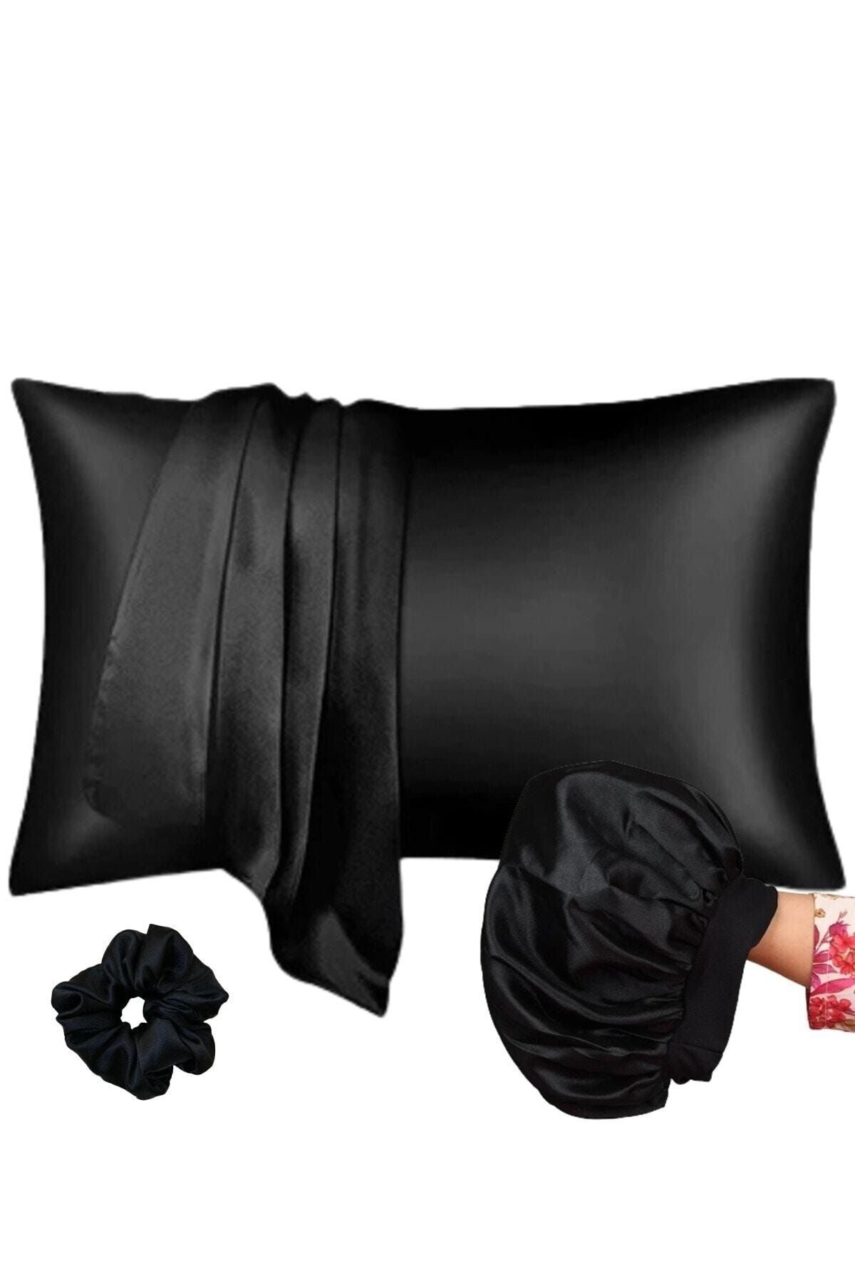 Deko Dekor Black Satin Bonnet, Satin Pillowcase & Hair Tie Set for Curly Hair 1