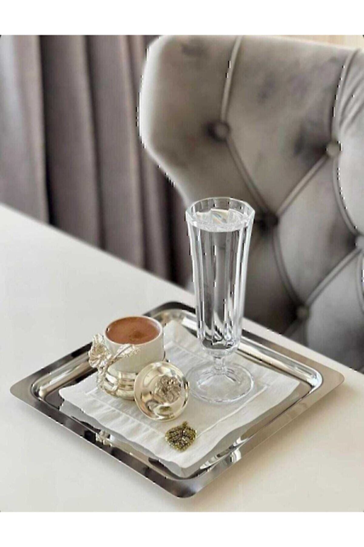 Abant Nom Trend 6-Piece Lux Square Stainless Steel Silver 21x21cm Coffee Serving Tray & Plate 2