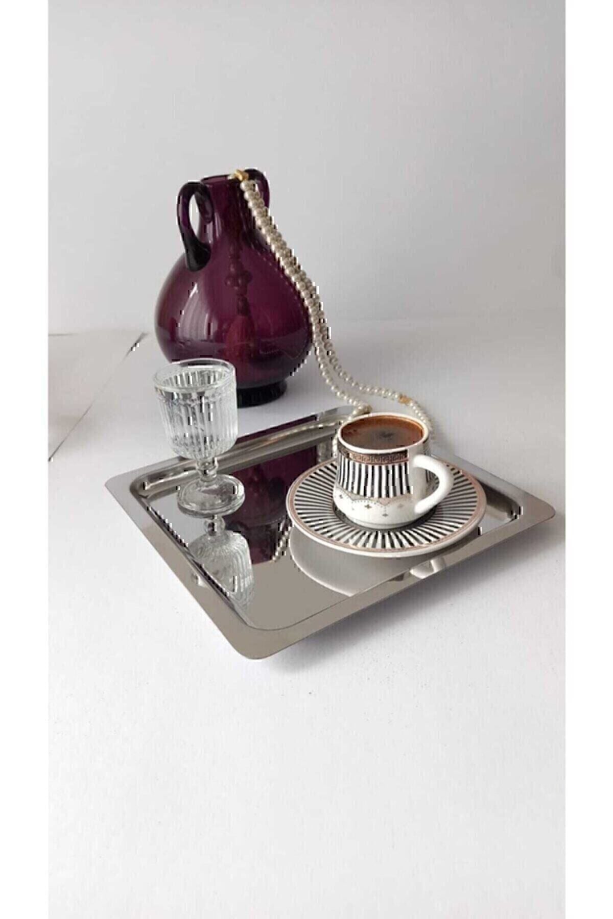 Abant Nom Trend 6-Piece Lux Square Stainless Steel Silver 21x21cm Coffee Serving Tray & Plate 5