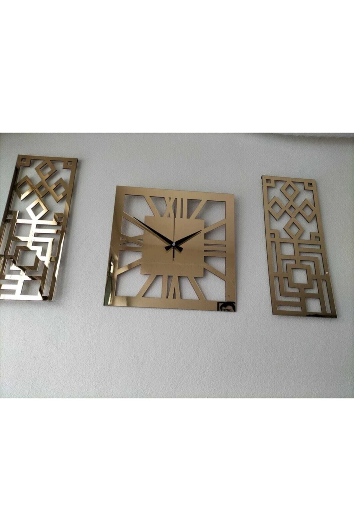 Palm Decor Roma Rakamlı Modern & Şık Tasarım Mdf Üzeri Gold Renk Aynalı Pleksi 3lü Duvar Saat Seti 40x40 2