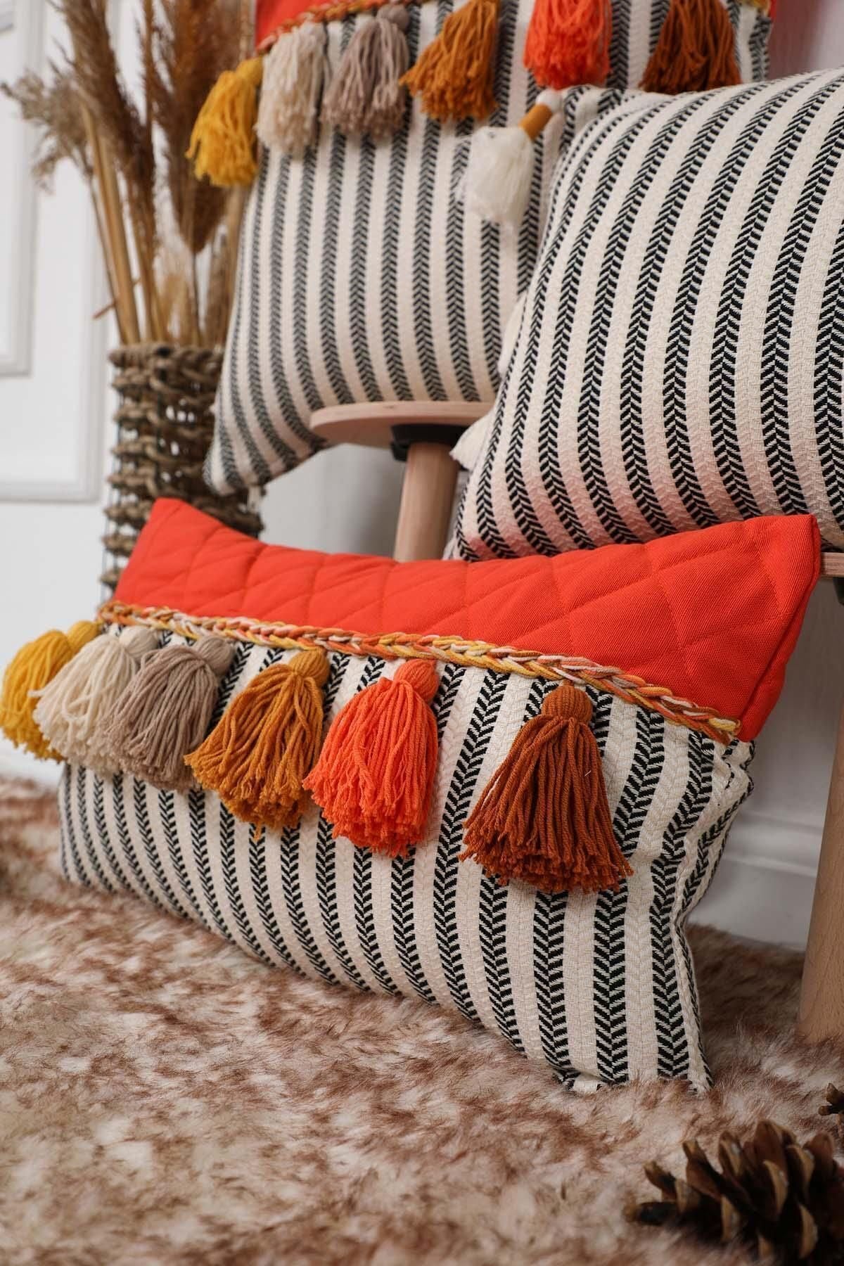 Aisha's Design Rectangular Colorful Tassel Pillow Cover, Orange - Zigzag Pattern, K-210 1