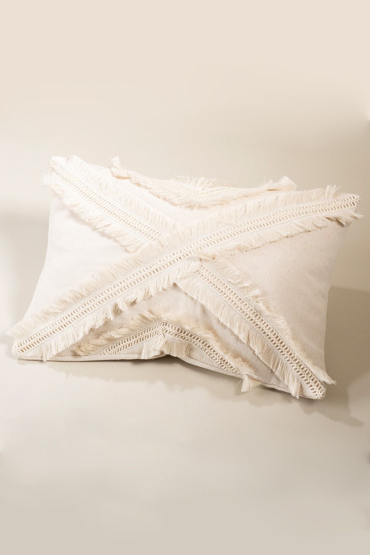 Vivamaison Single Special Design Cream Multi-Tassel Linen Cushion Pillow Case 35x55 Cm 1