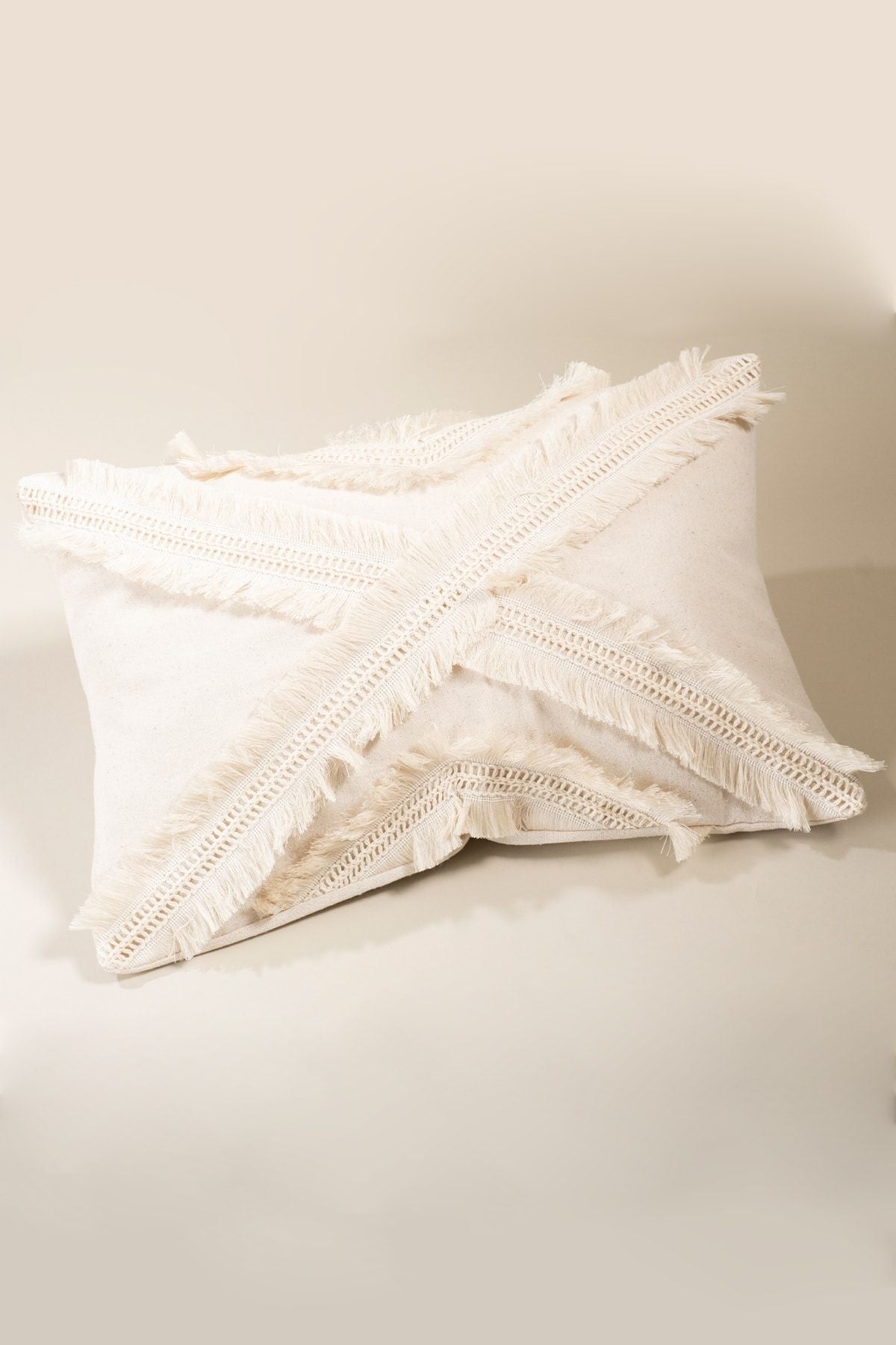 Vivamaison Single Special Design Cream Multi-Tassel Linen Cushion Pillow Case 35x55 Cm 8