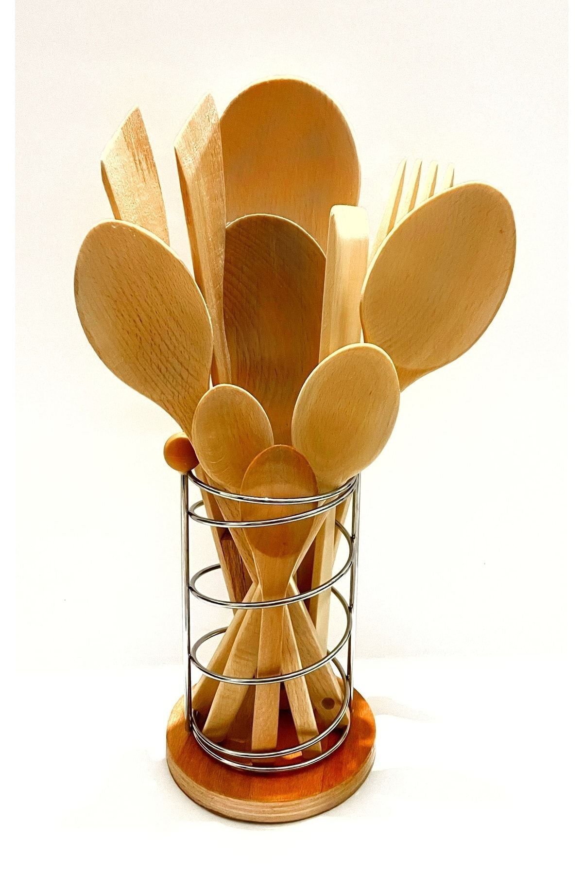 Kitchen Mania 11 Piece Oiled Beech Wood Spoon Spatula Serving Fork Tongs Set with Metal Stand 1