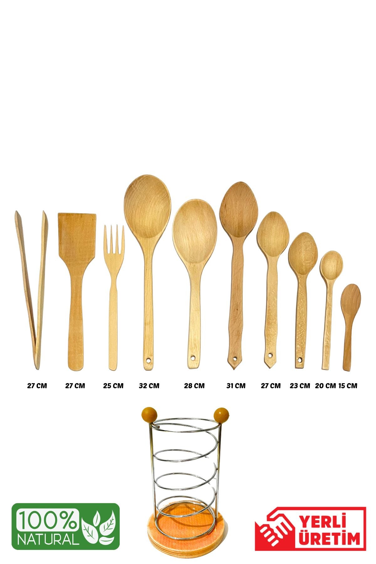 Kitchen Mania 11 Piece Oiled Beech Wood Spoon Spatula Serving Fork Tongs Set with Metal Stand 2