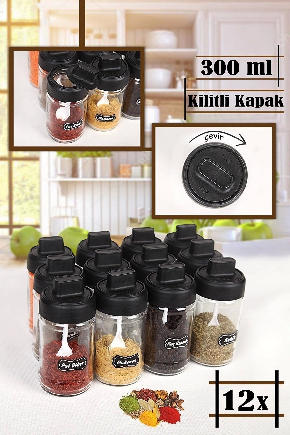 Adissa 12-Piece Self-Spoon Lid Spice Jar Set - 300 ML Glass Jar Vfr 1