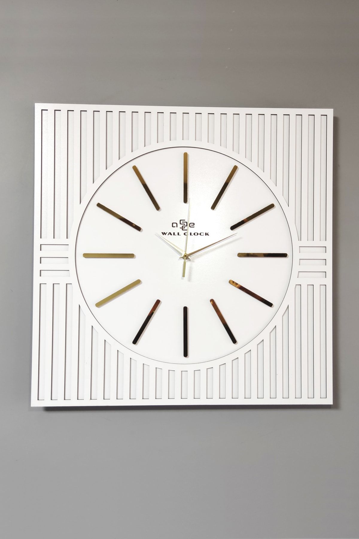 aSSe Tasarım Special Square Line Pattern Decorative White & Gold Special Wall Clock 50x50cm 1