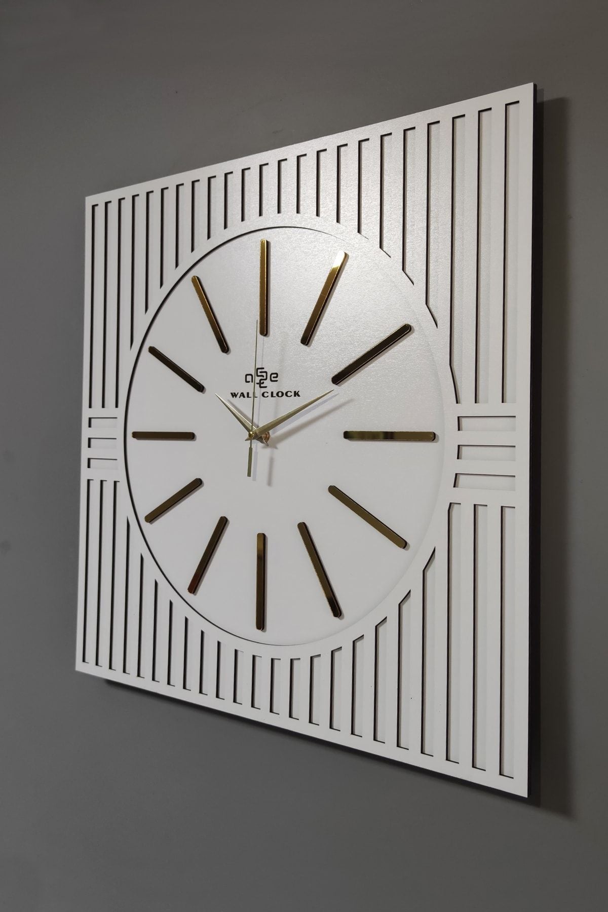 aSSe Tasarım Special Square Line Pattern Decorative White & Gold Special Wall Clock 50x50cm 3