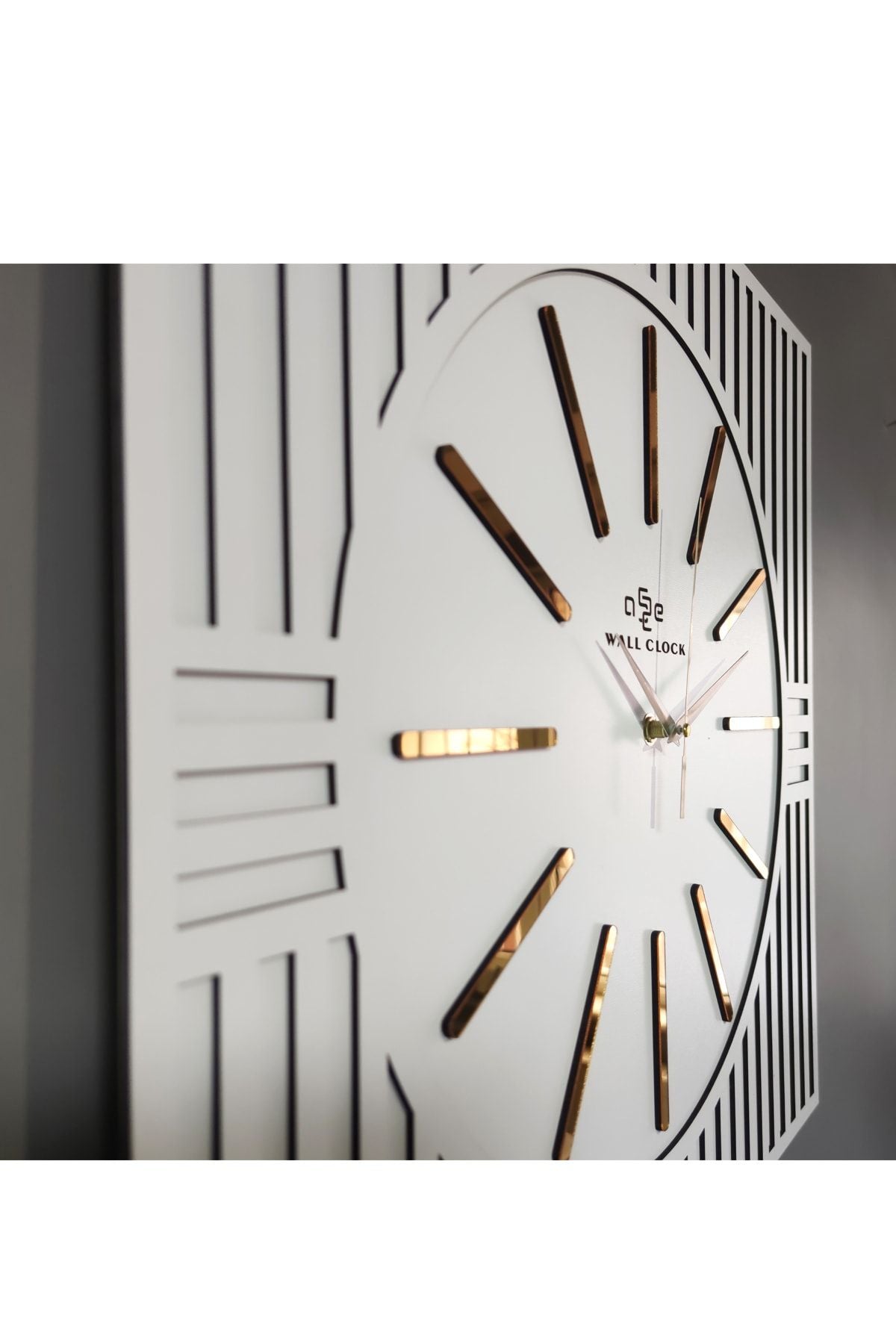 aSSe Tasarım Special Square Line Pattern Decorative White & Gold Special Wall Clock 50x50cm 4