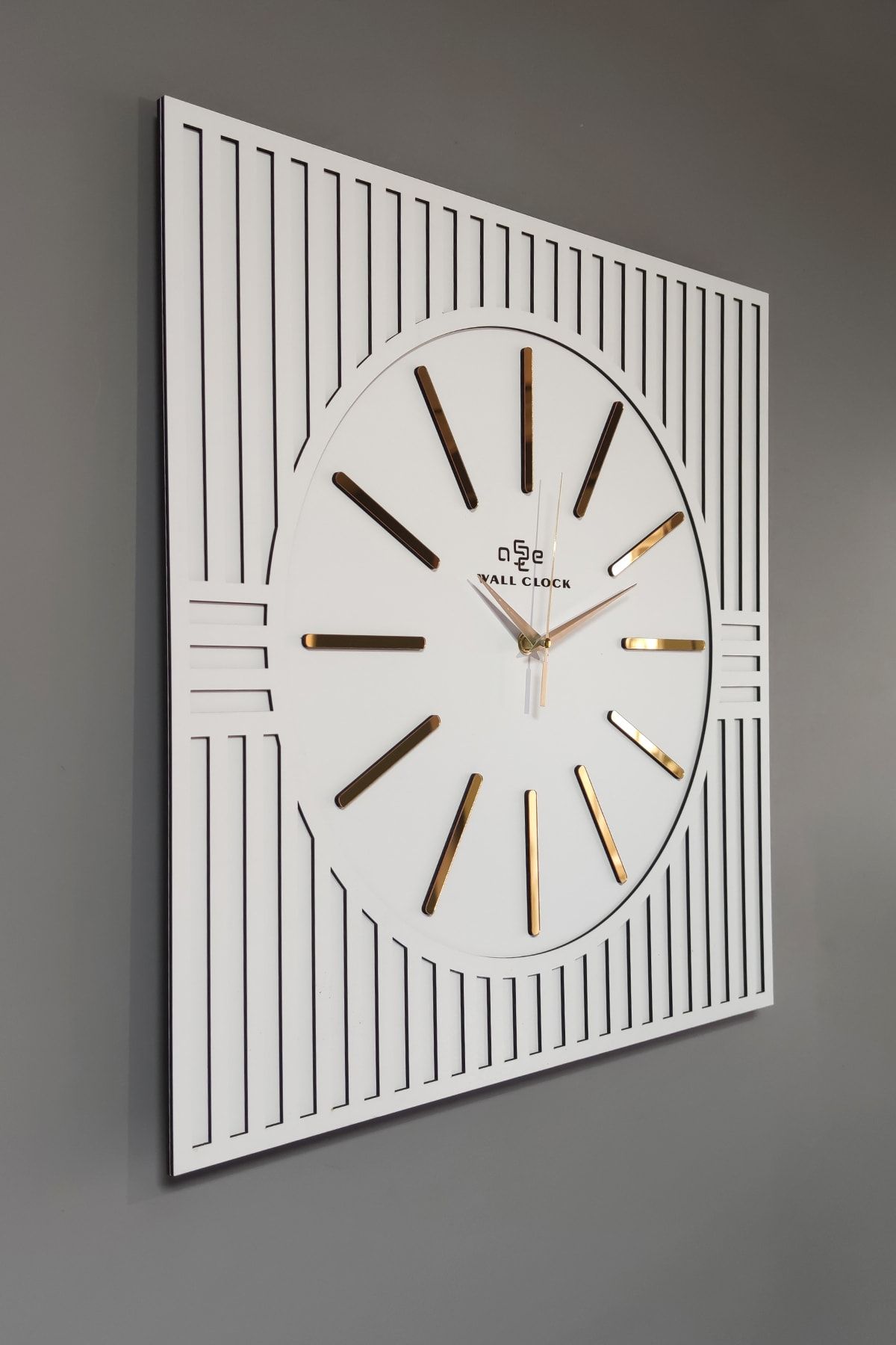 aSSe Tasarım Special Square Line Pattern Decorative White & Gold Special Wall Clock 50x50cm 7