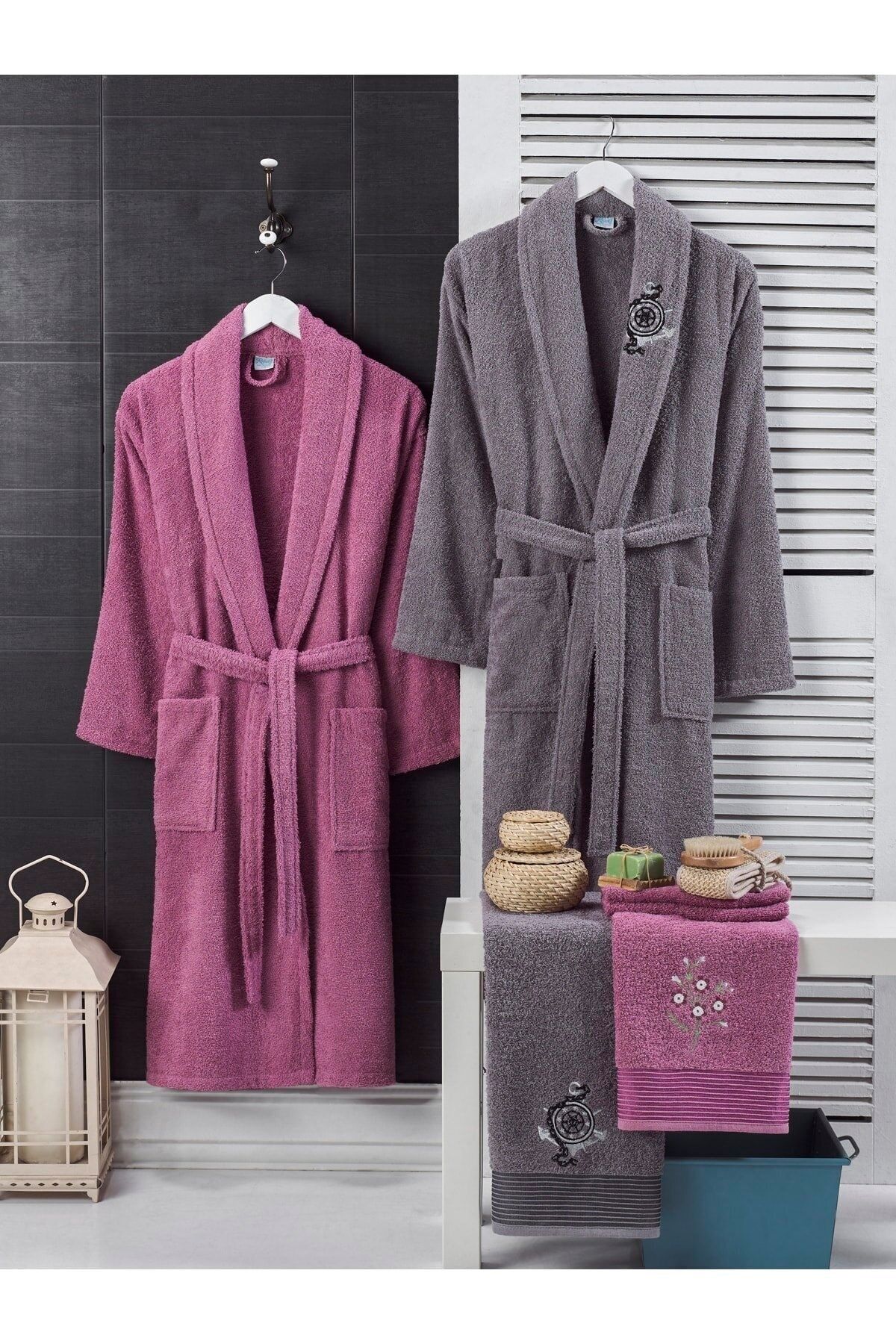 B2B Plus 100% Cotton Embroidered 4-Piece Family Bathrobe Set | Bathrobe Set | Bridal Set | Purple | Gray 1