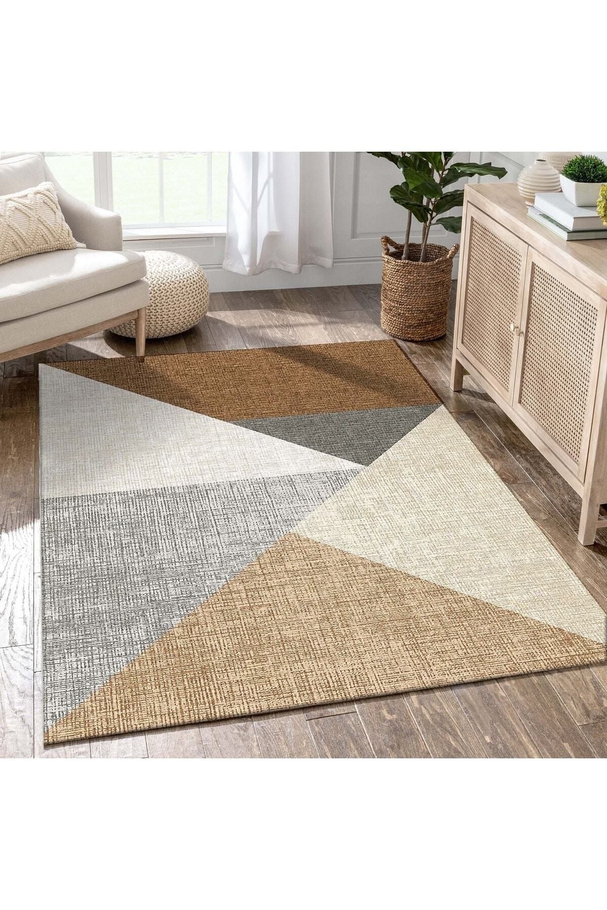 Sermod 91-Sponge Coffee Beige Large Triangle Geometric Pattern Non-Slip Elastic Carpet Cover 1