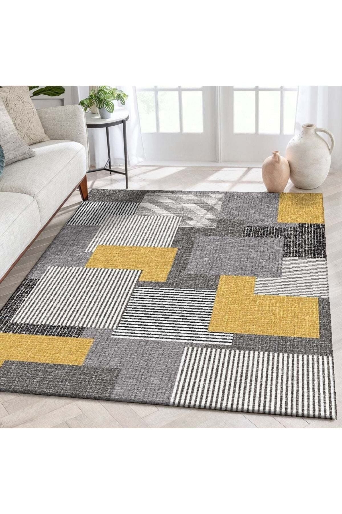 Sermod 92-Striped Checkered Mustard Gray Non-Slip Elastic Sponge Carpet Cover 1