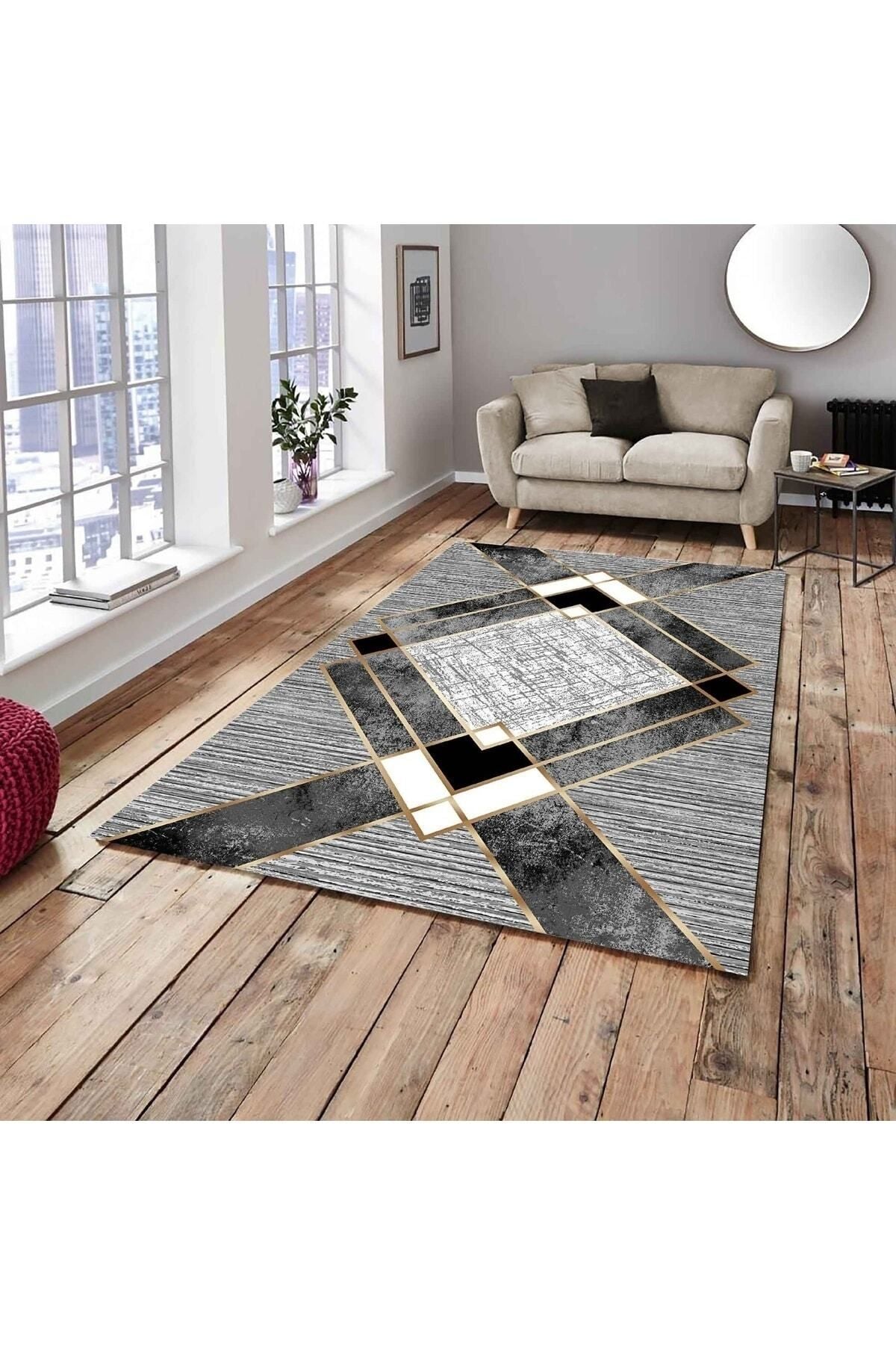 MEKA TEKSTİL Black Gray Gold Striped Elastic Velvet Carpet Cover 2