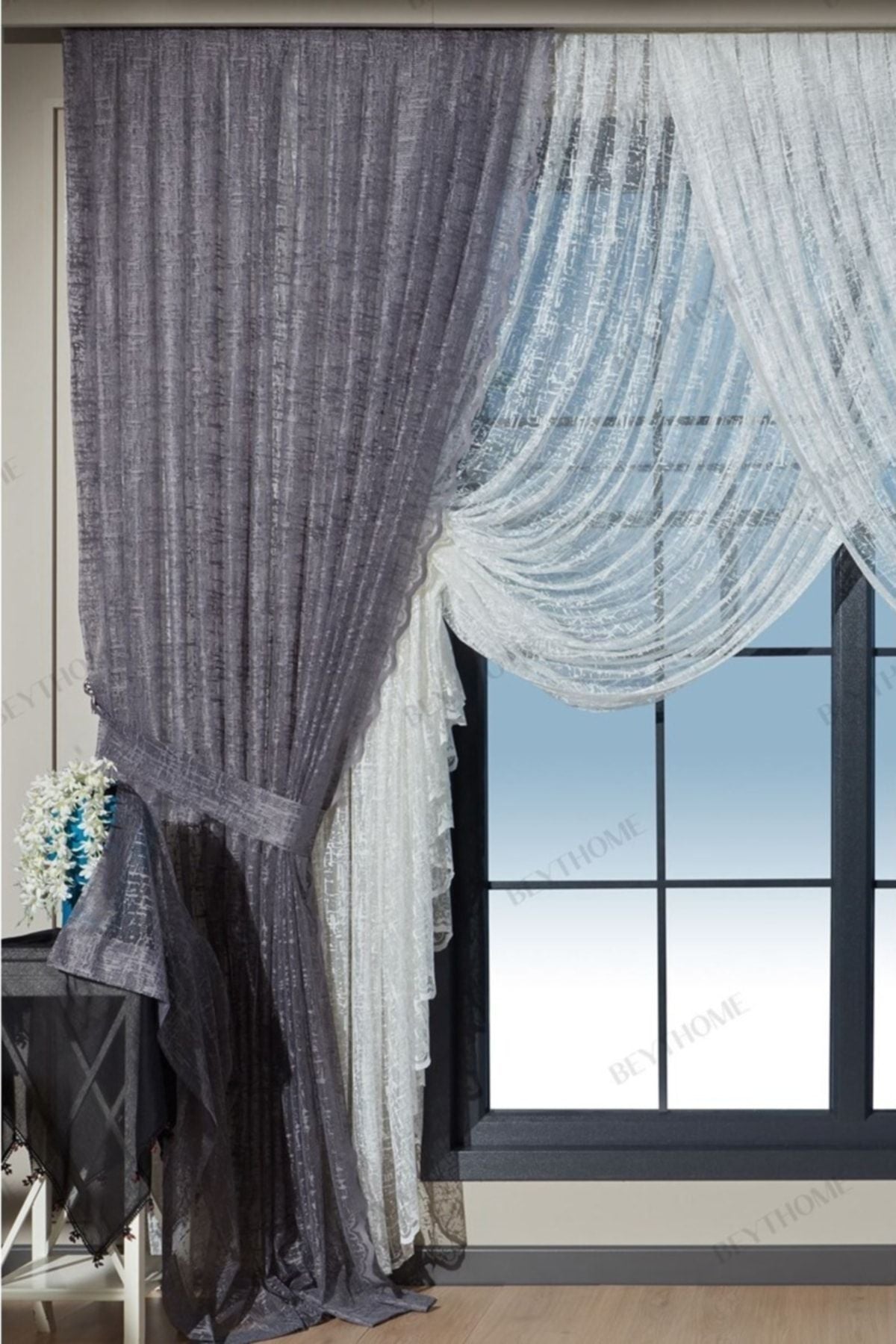 Beythome Gray Mosaic Lace Tulle Curtain 2 Panels 1