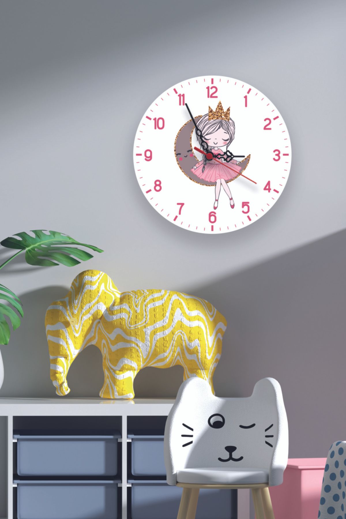 Genel Markalar White Princess Girl And Moon Children's Room Digital Print Silent Flow Wall Clock 1