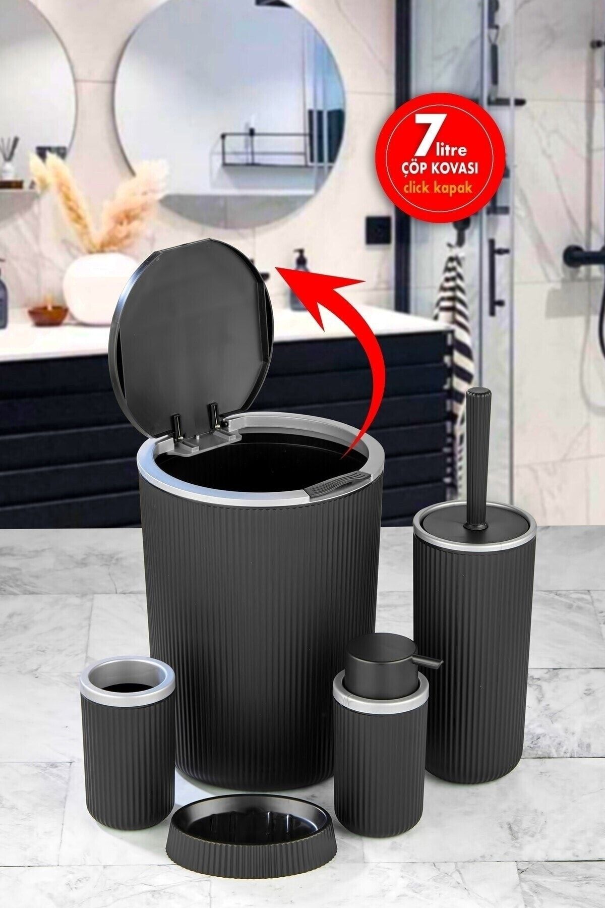 Sas Haus Trash Can Toilet Brush Liquid Soap Dispenser 5-Piece Bathroom Set 7 Liters Black Grey 1