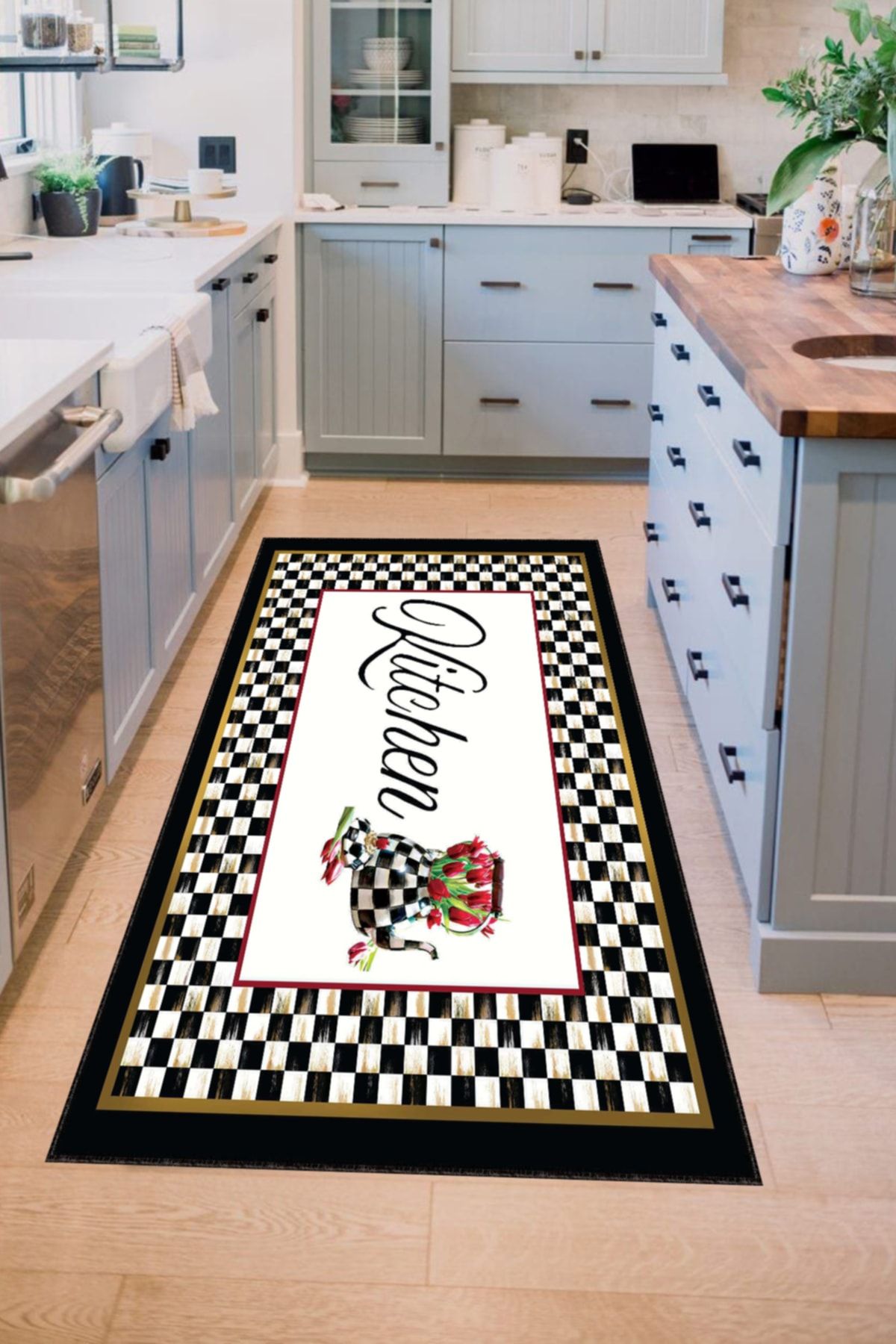 Decomia Home Digital Printed Non-Slip, Washable Mackenzie Checkered Pattern Black Kitchen Rug-d5032 1