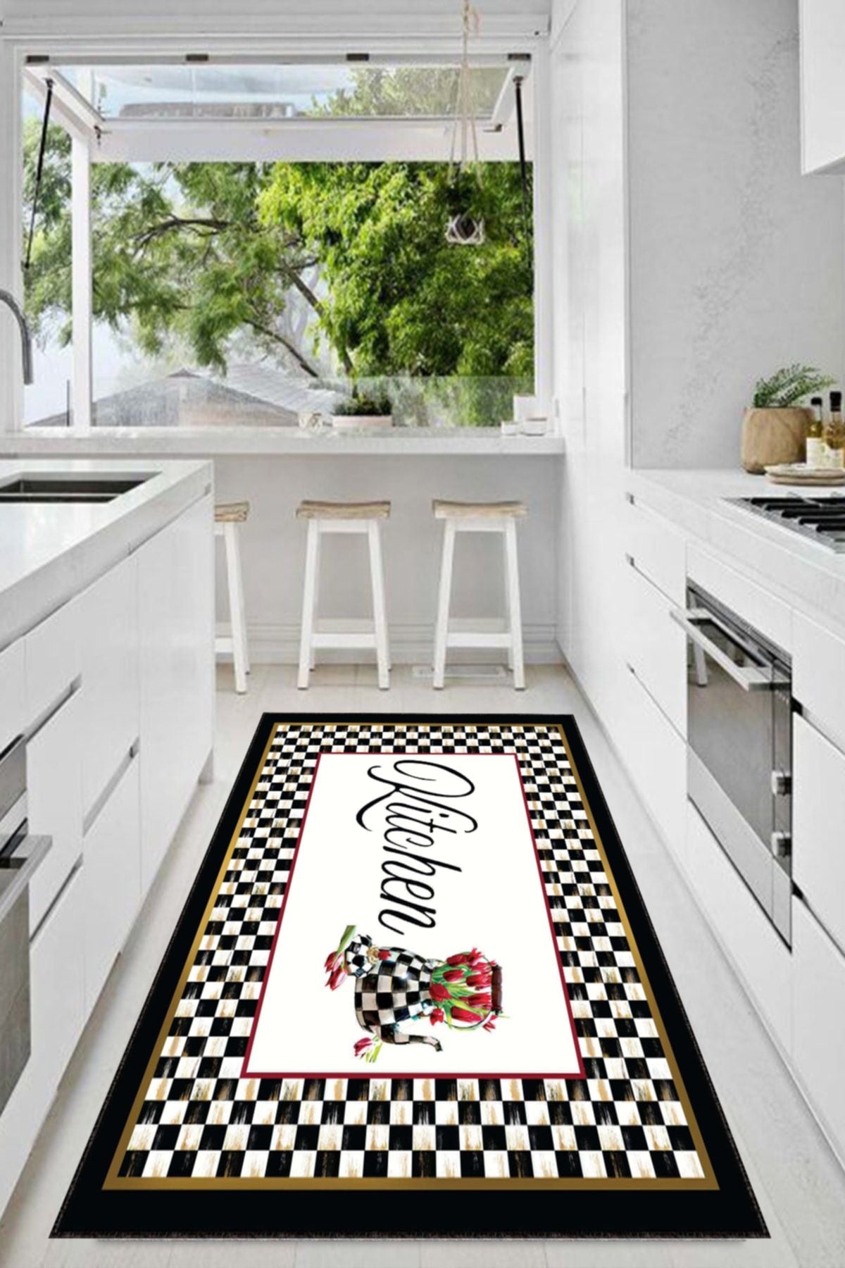 Decomia Home Digital Printed Non-Slip, Washable Mackenzie Checkered Pattern Black Kitchen Rug-d5032 2