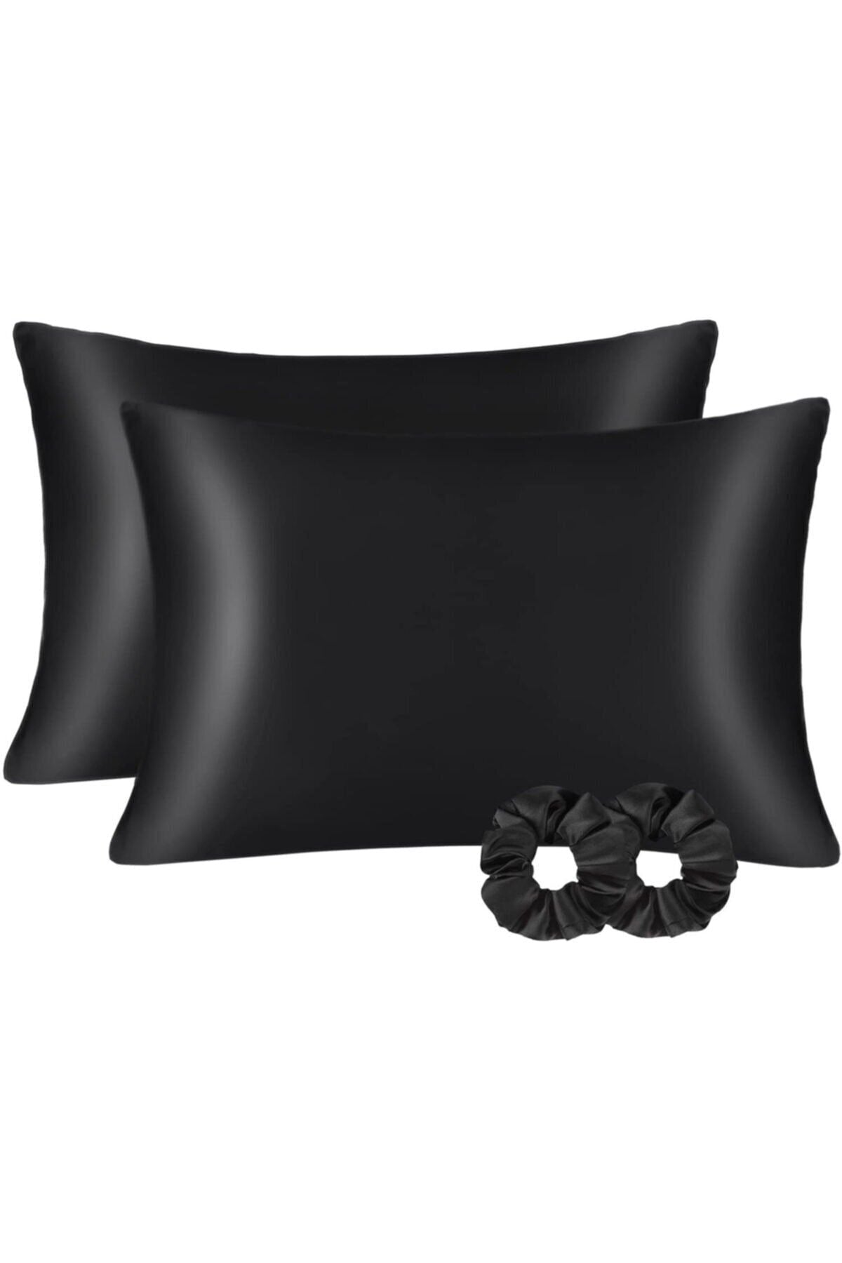 Deko Dekor 100% Satin 50x70 Cm 2 Satin Pillowcases And 2 Hair Ties Black Color 1