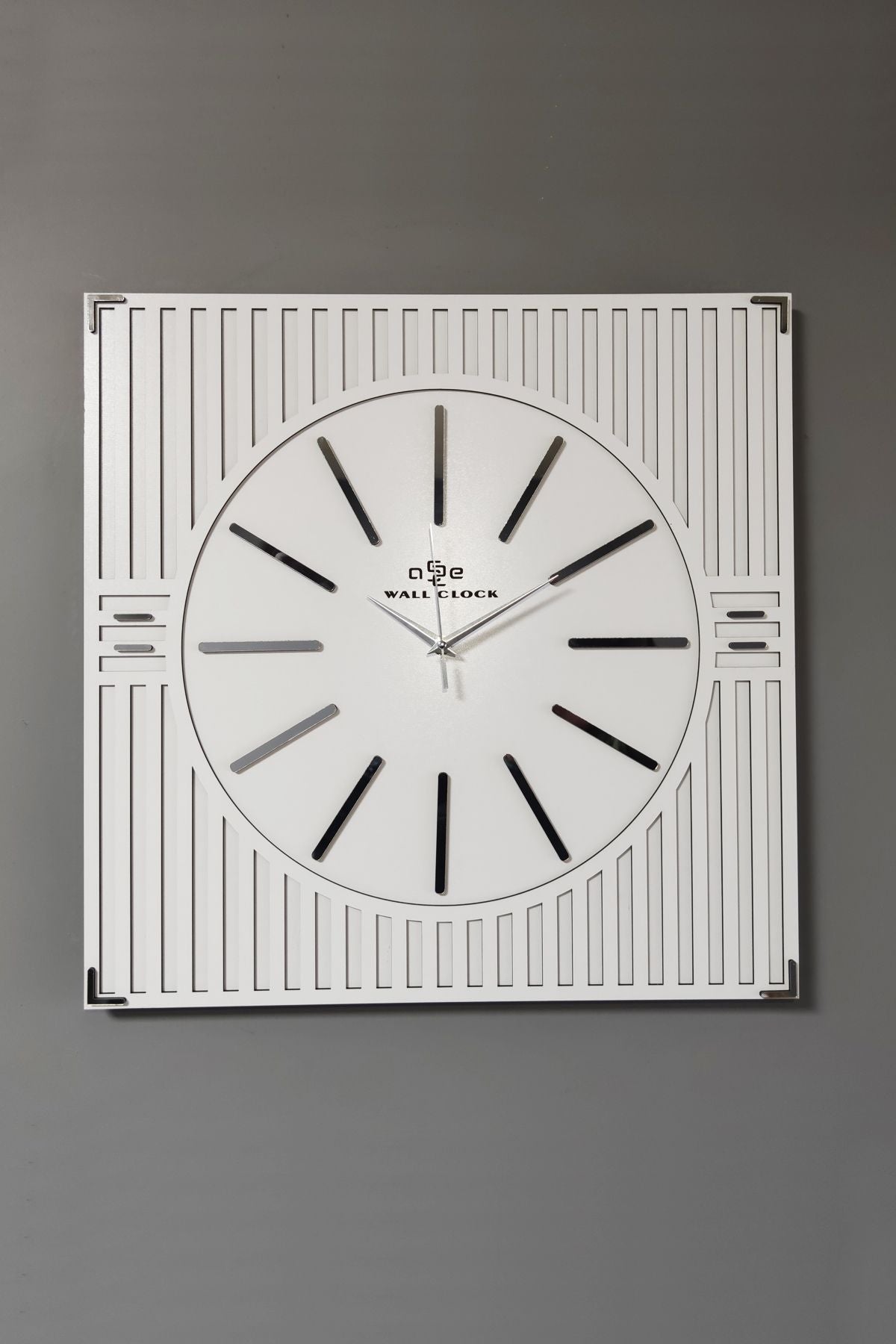 aSSe Tasarım Line Pattern Mirror Plexiglass Decorative White & Silver Square Wall Clock 50x50cm 2