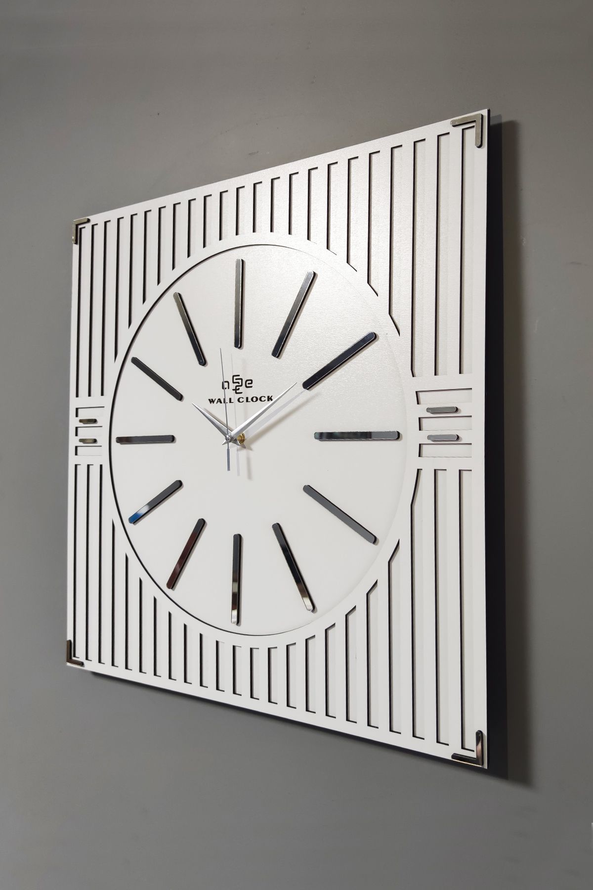 aSSe Tasarım Line Pattern Mirror Plexiglass Decorative White & Silver Square Wall Clock 50x50cm 3