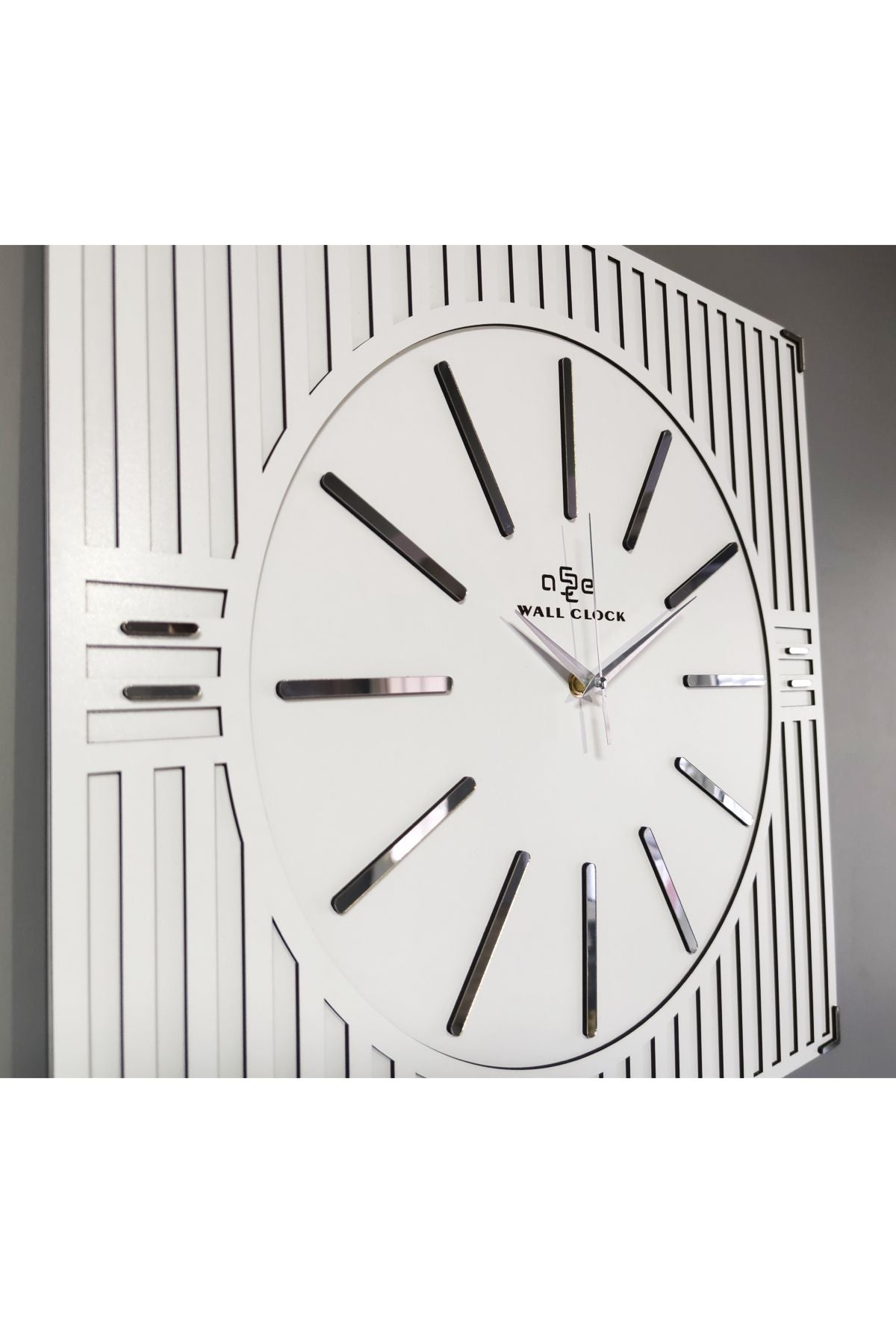 aSSe Tasarım Line Pattern Mirror Plexiglass Decorative White & Silver Square Wall Clock 50x50cm 4